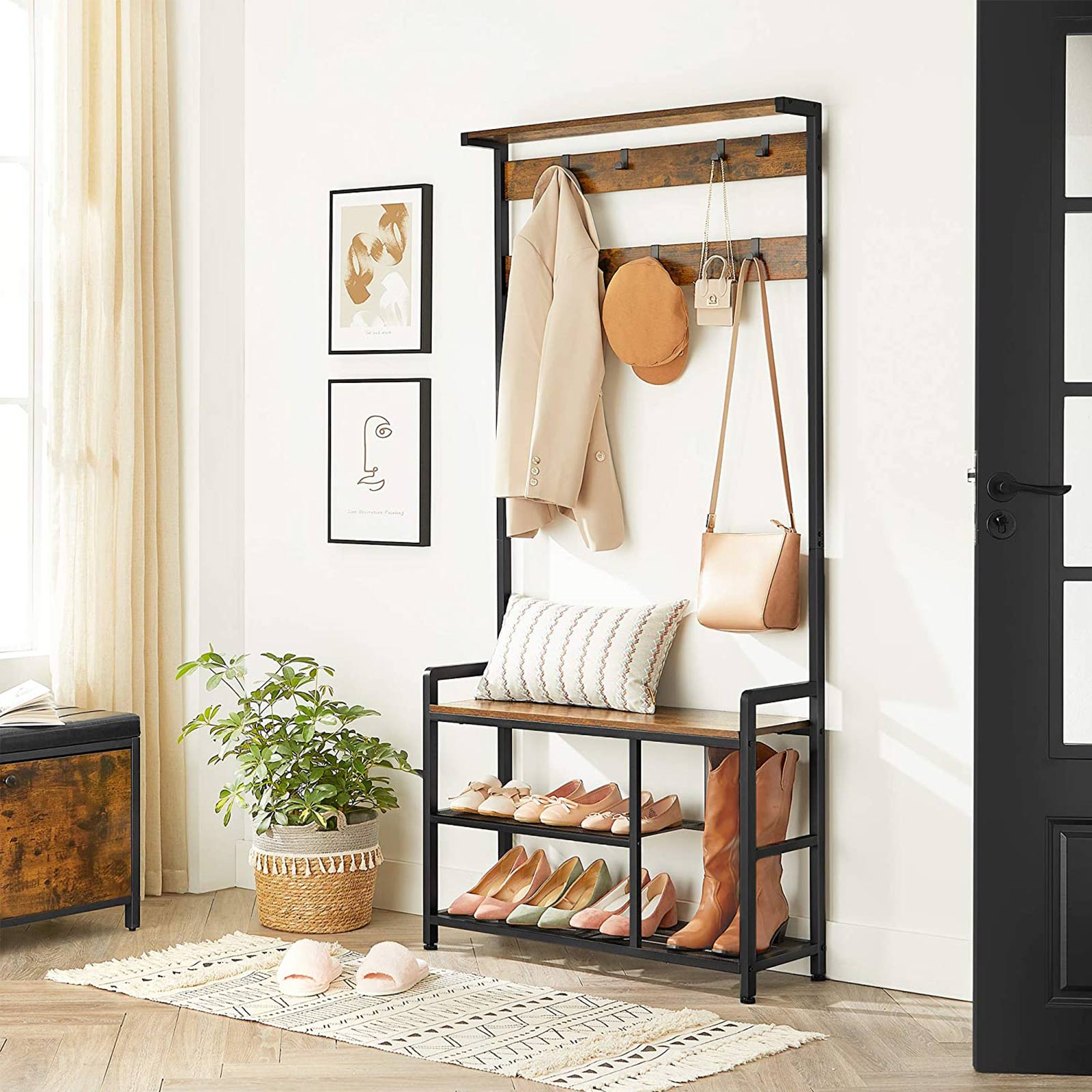 VASAGLE Hall Tree, Entryway Hall Tree with Storage Bench, 7 Hooks