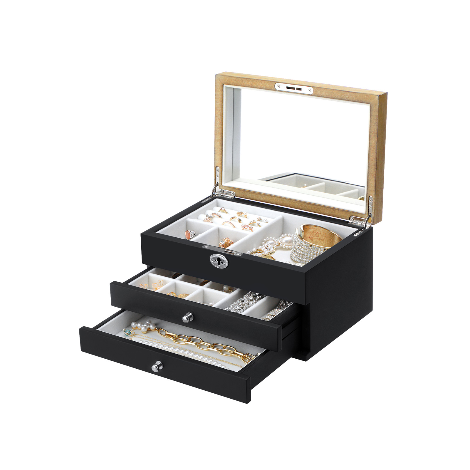 SONGMICS 3Tier Jewelry Box, Wooden Jewelry Organizer