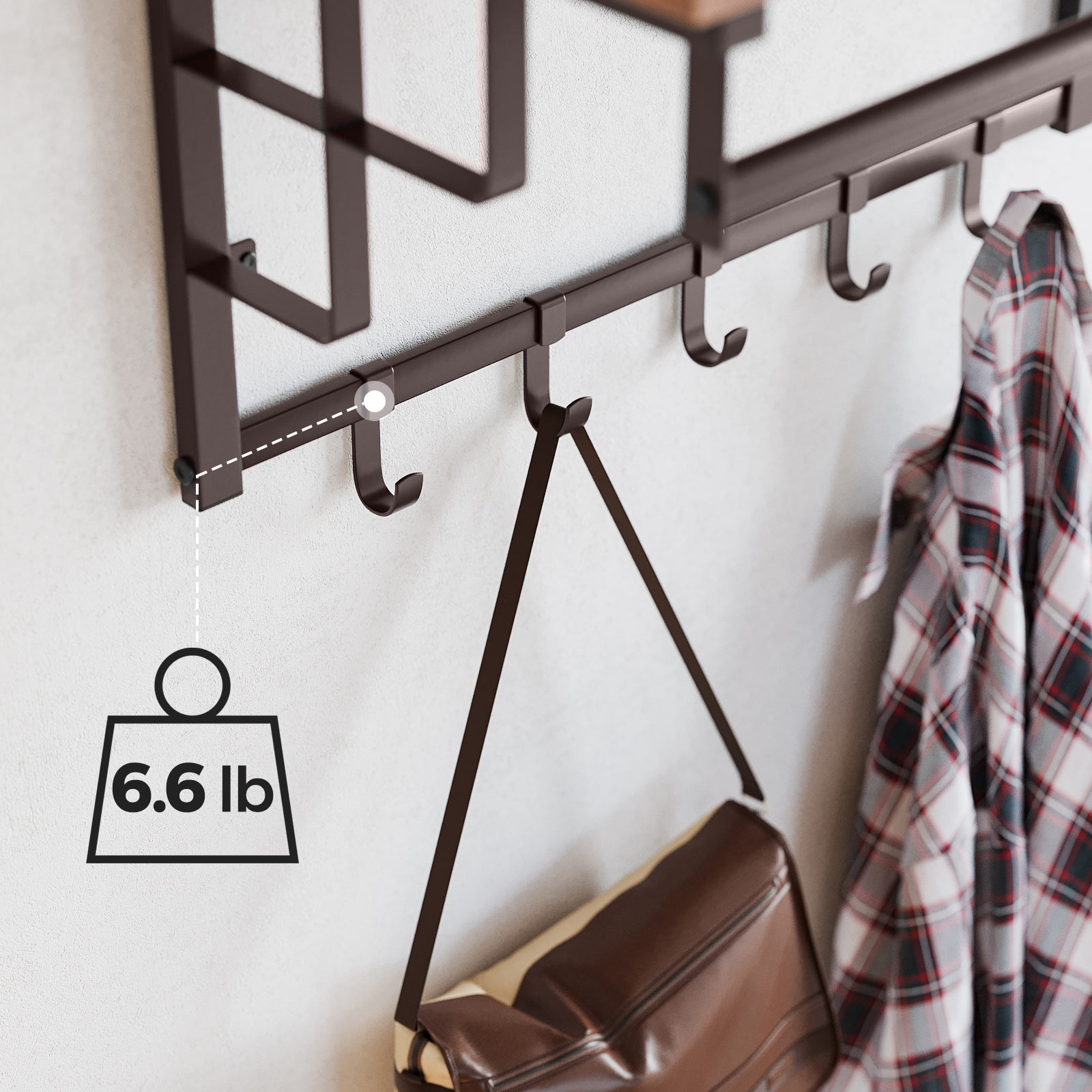 VASAGLE WallMounted Coat Rack, Wall Hook Rack with Hanging Rail, 5