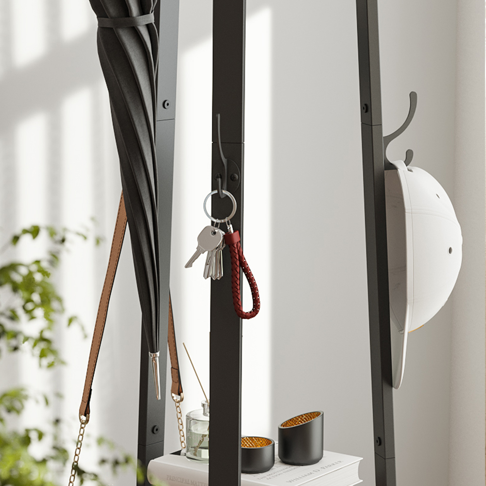 VASAGLE Coat Rack, Coat Stand with 6 Hooks, 3 Round Shelves, Steel