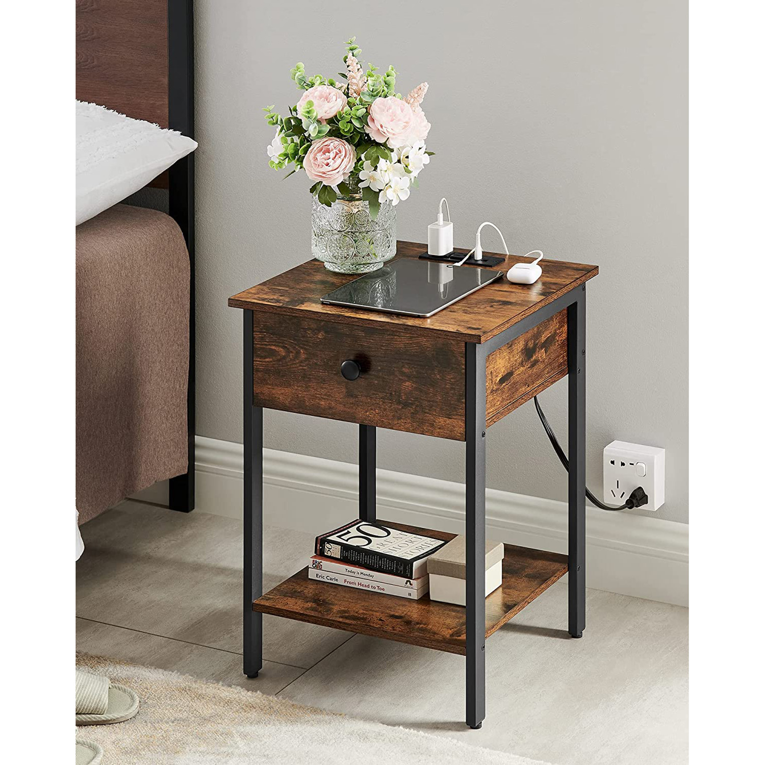 Nightstand with Charging Outlets VASAGLE