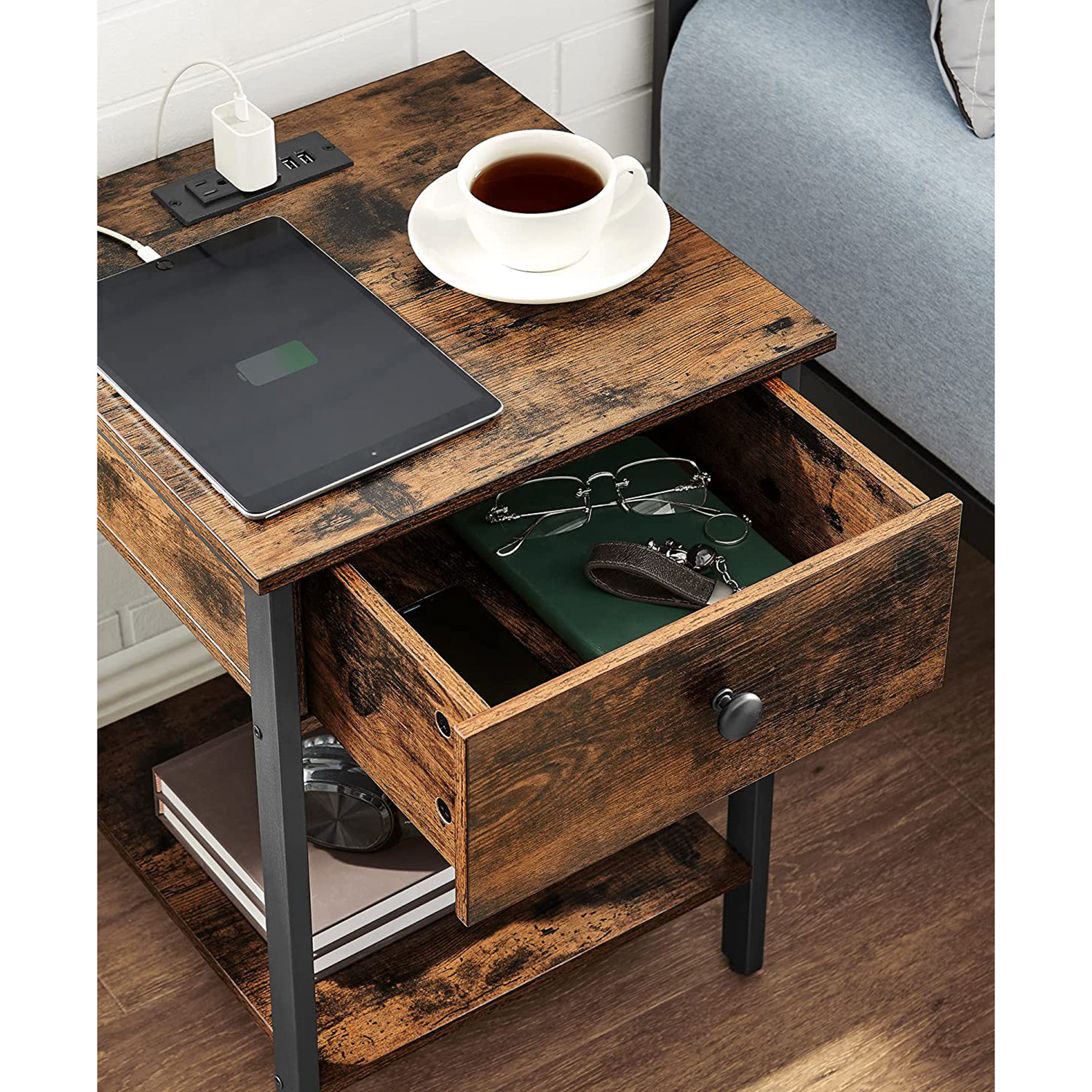 Nightstand with Charging Outlets VASAGLE