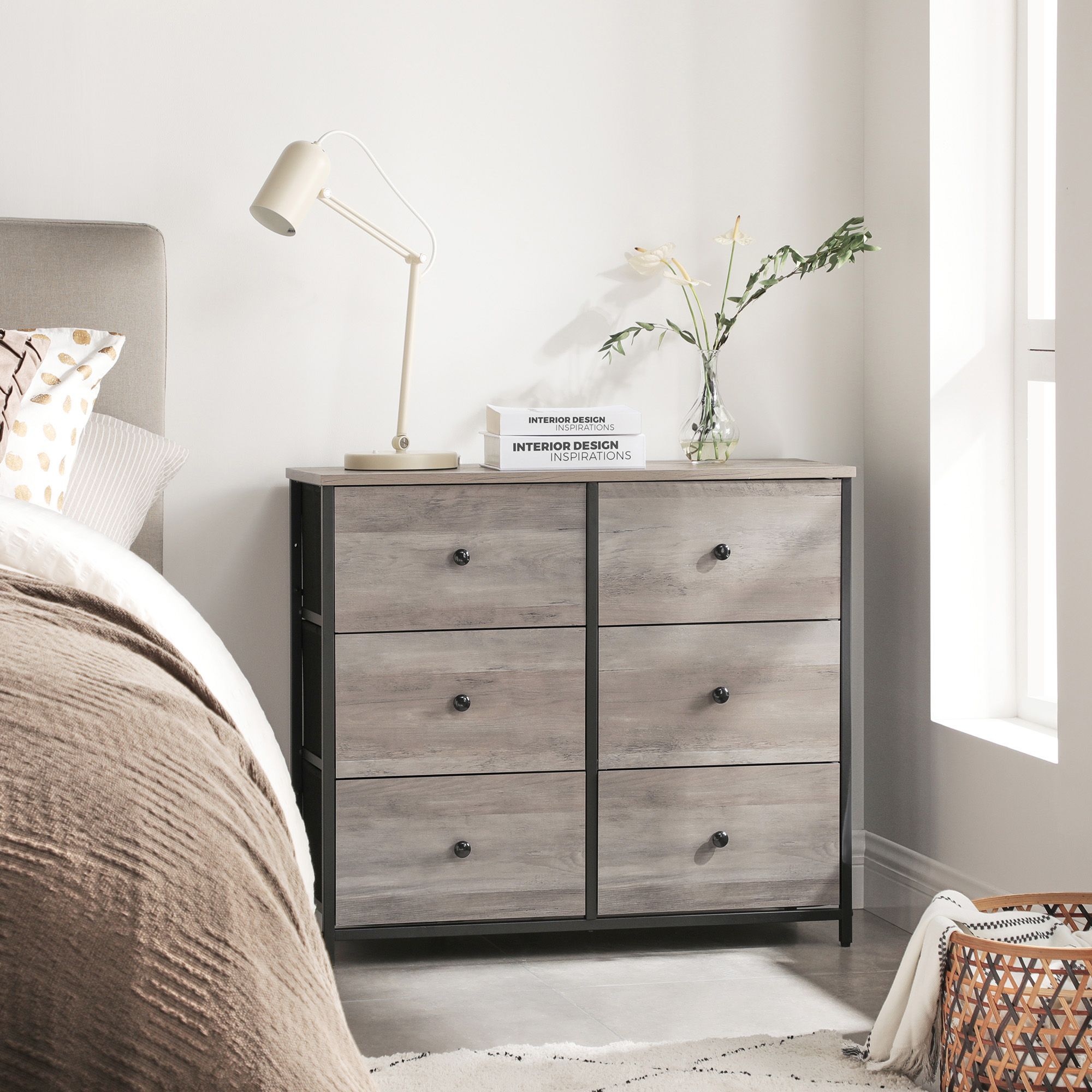 Greige & Black Storage Dresser with 6 Fabric Drawers SONGMICS