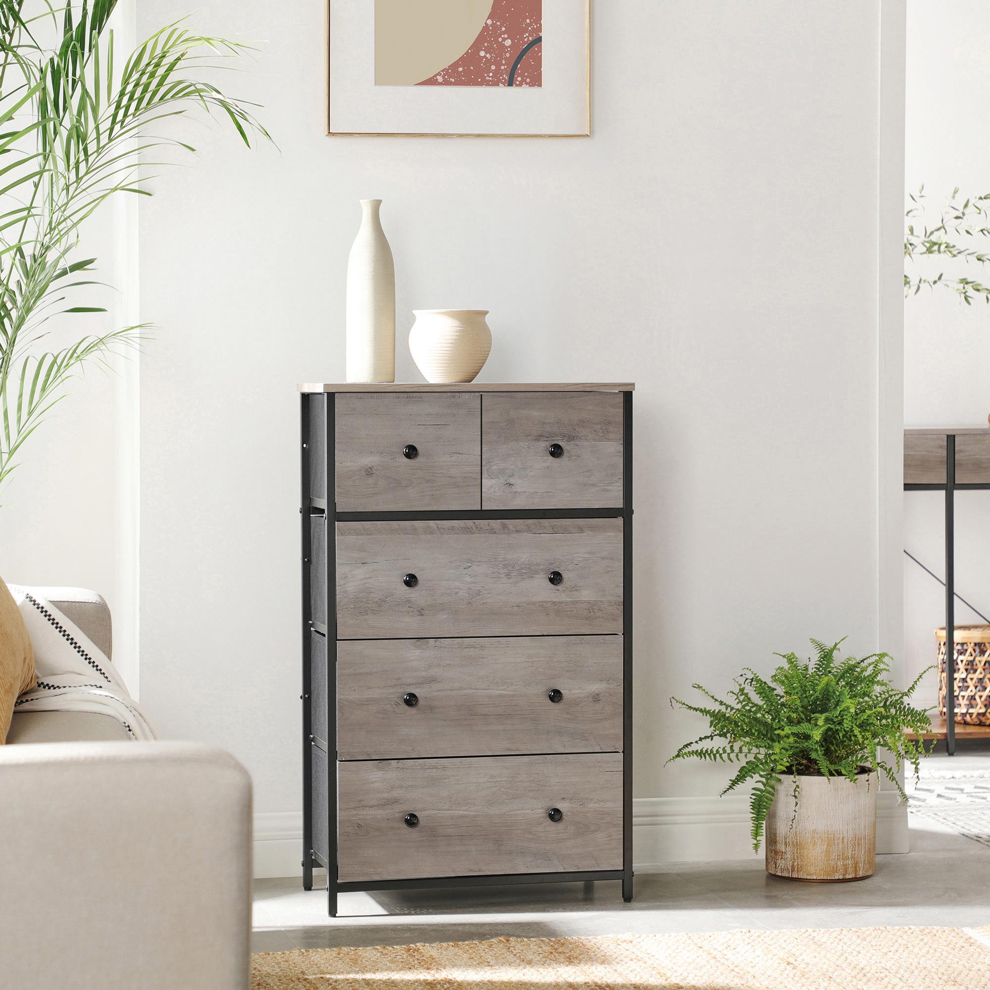 Greige & Black Dresser with 5 Fabric Drawers SONGMICS