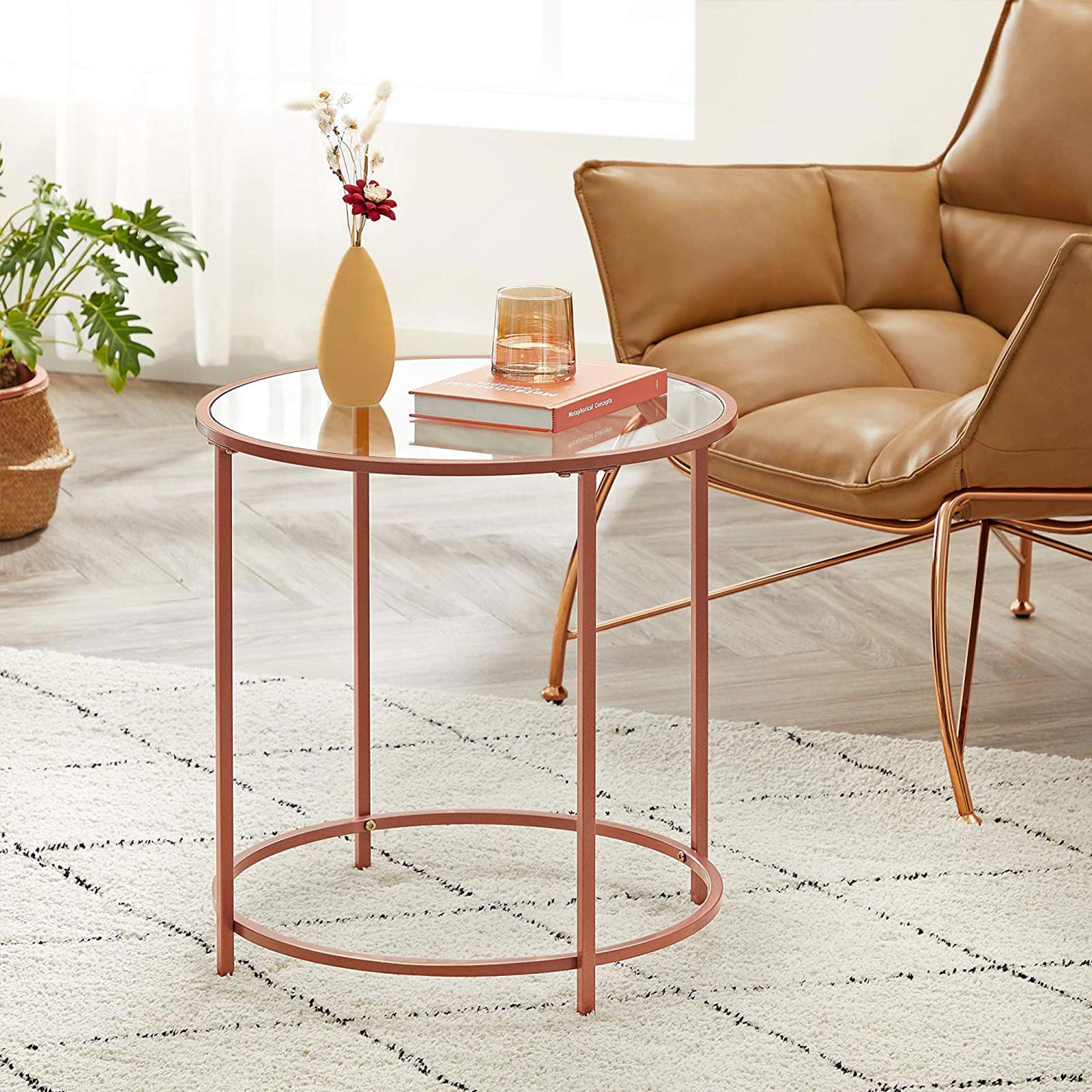VASAGLE Round Side Table, Glass End Table with Metal Frame, Small