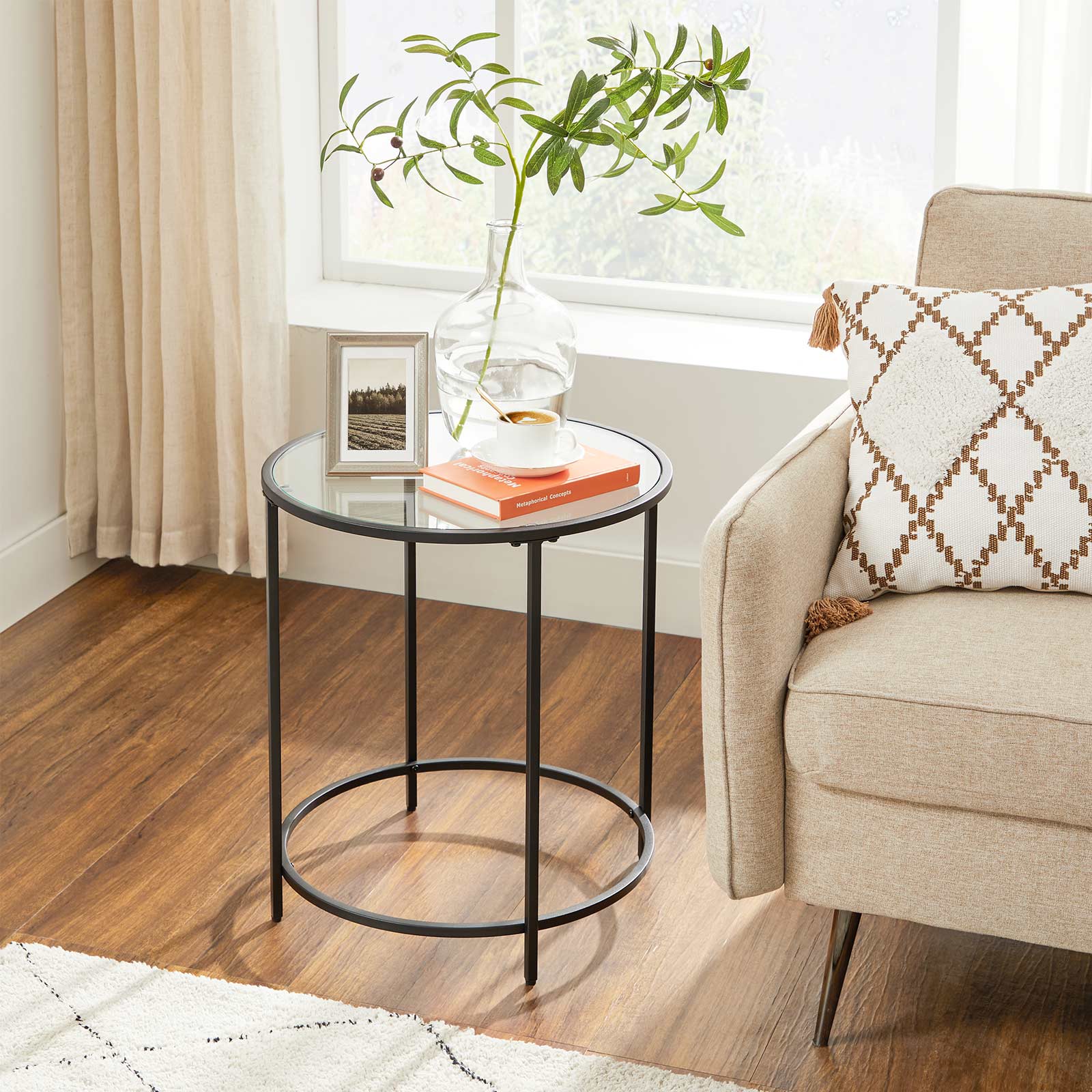 VASAGLE Round Side Table, Glass End Table with Metal Frame, Small