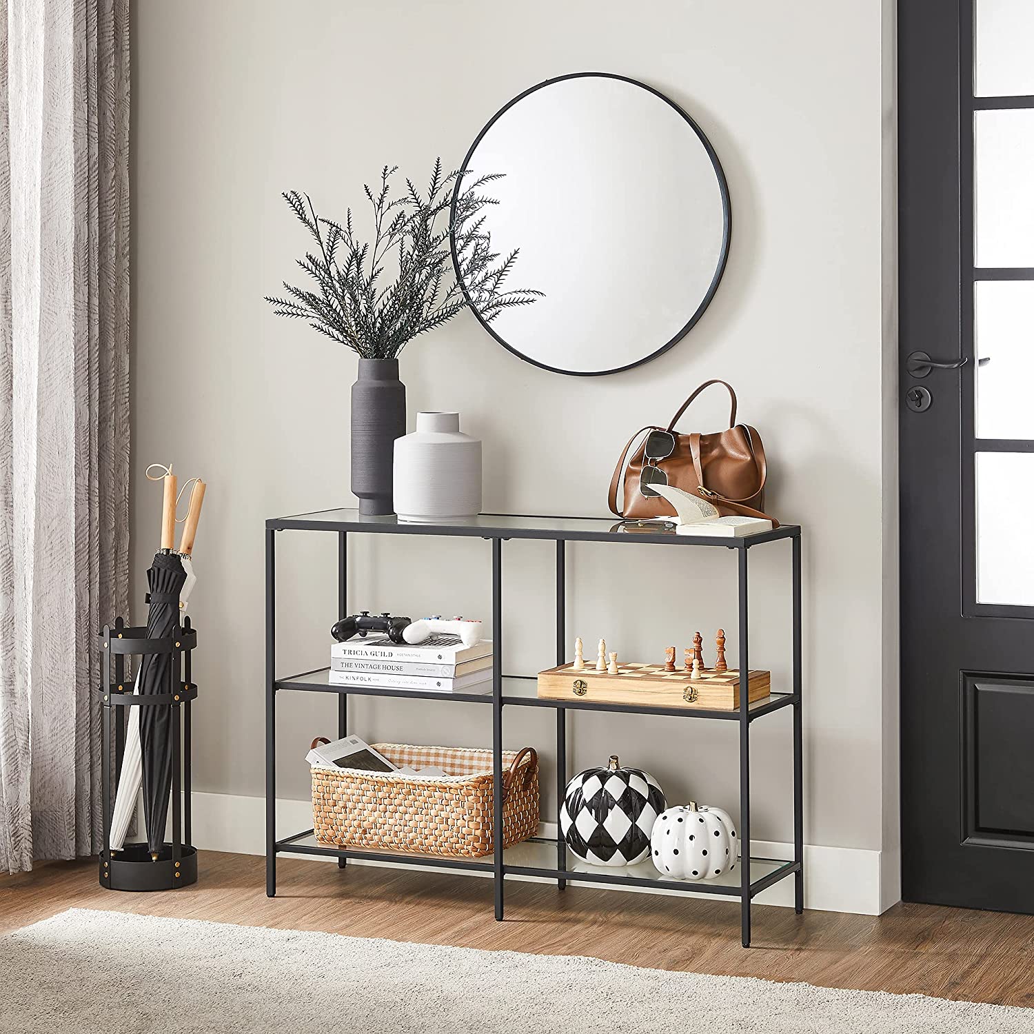 Black Frame Glass Console Table with Shelves VASAGLE