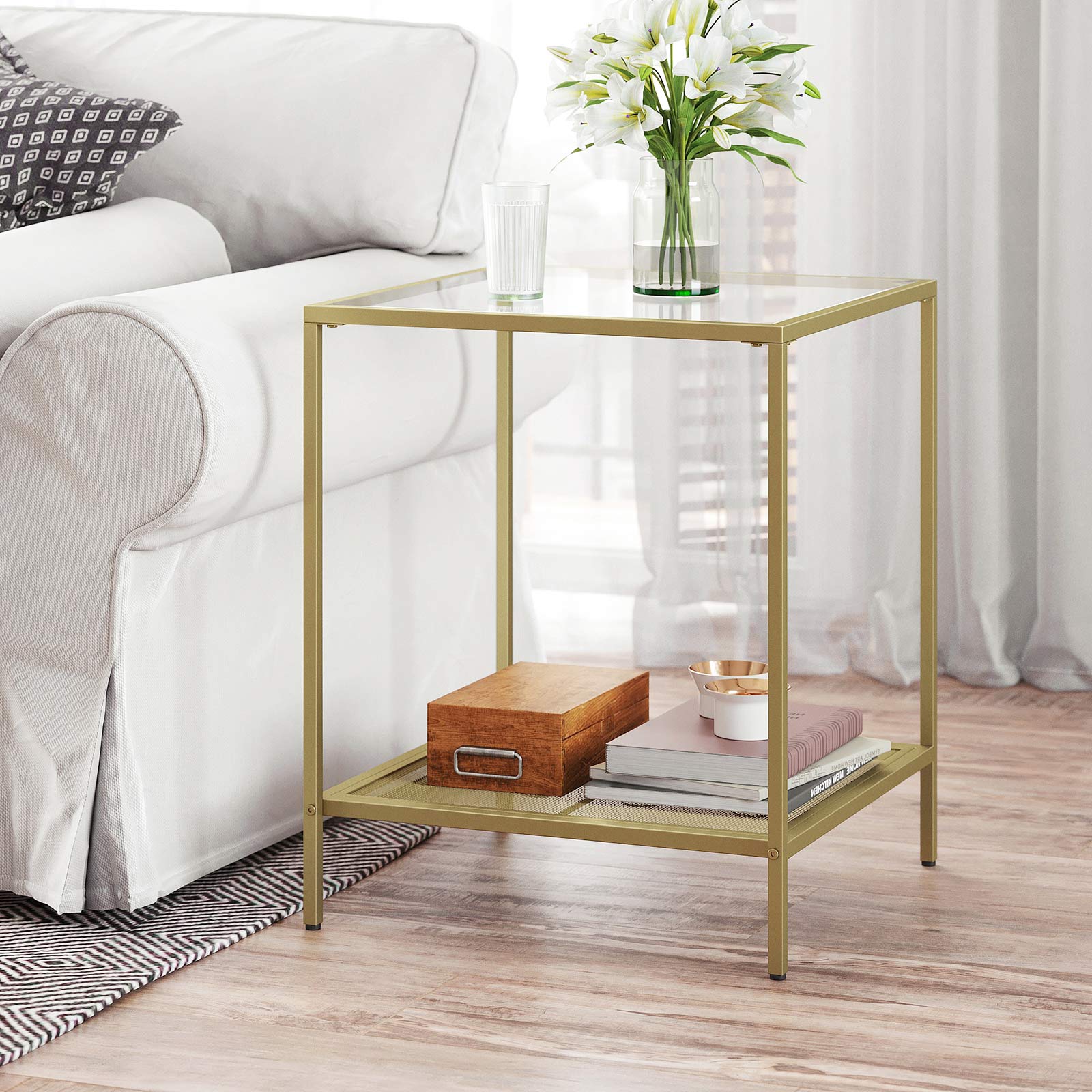 Glass Side Table Golden Metal Frame Home Furniture VASAGLE by SONGMICS