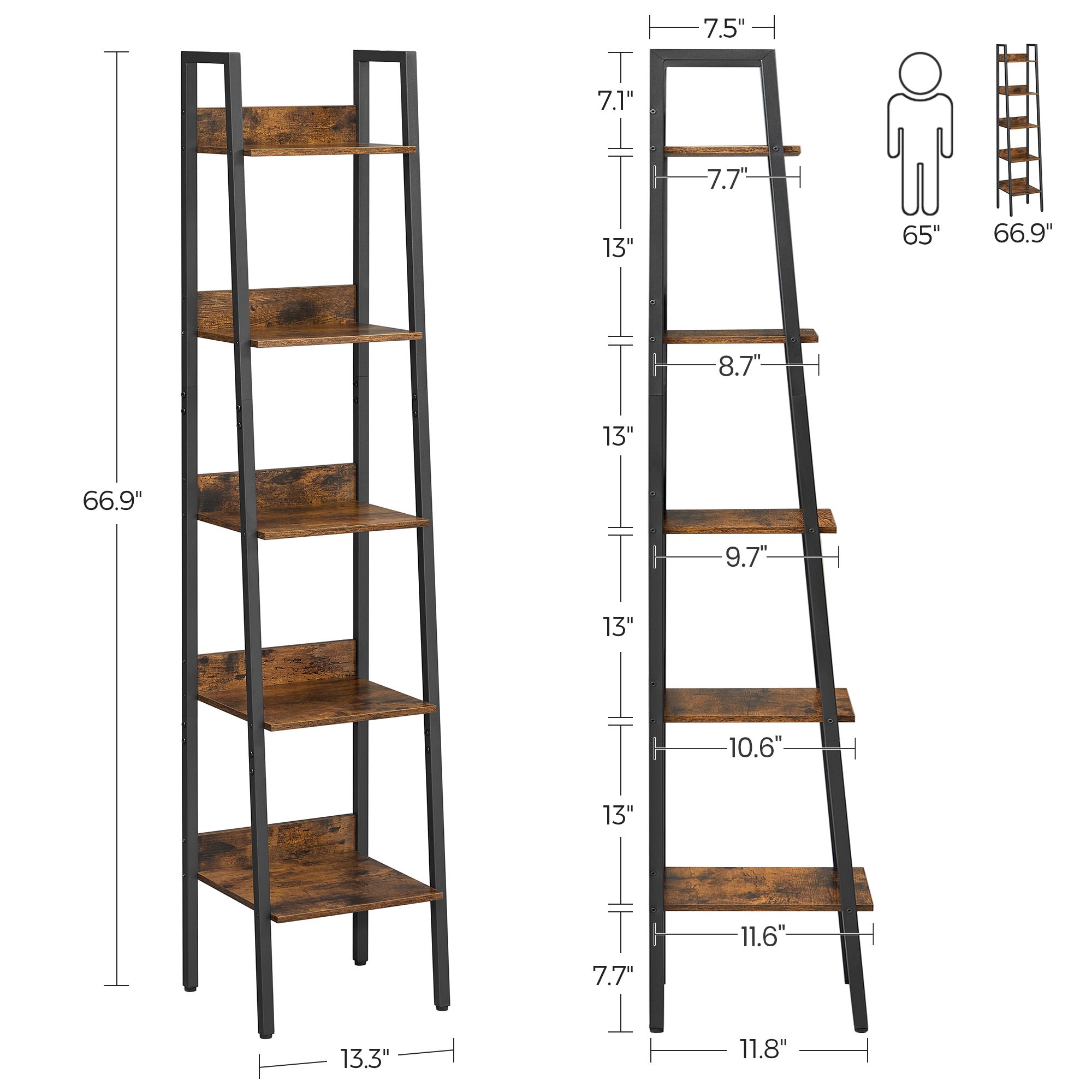 Brown 5Tier Slim Ladder Shelves for Narrow Space VASAGLE