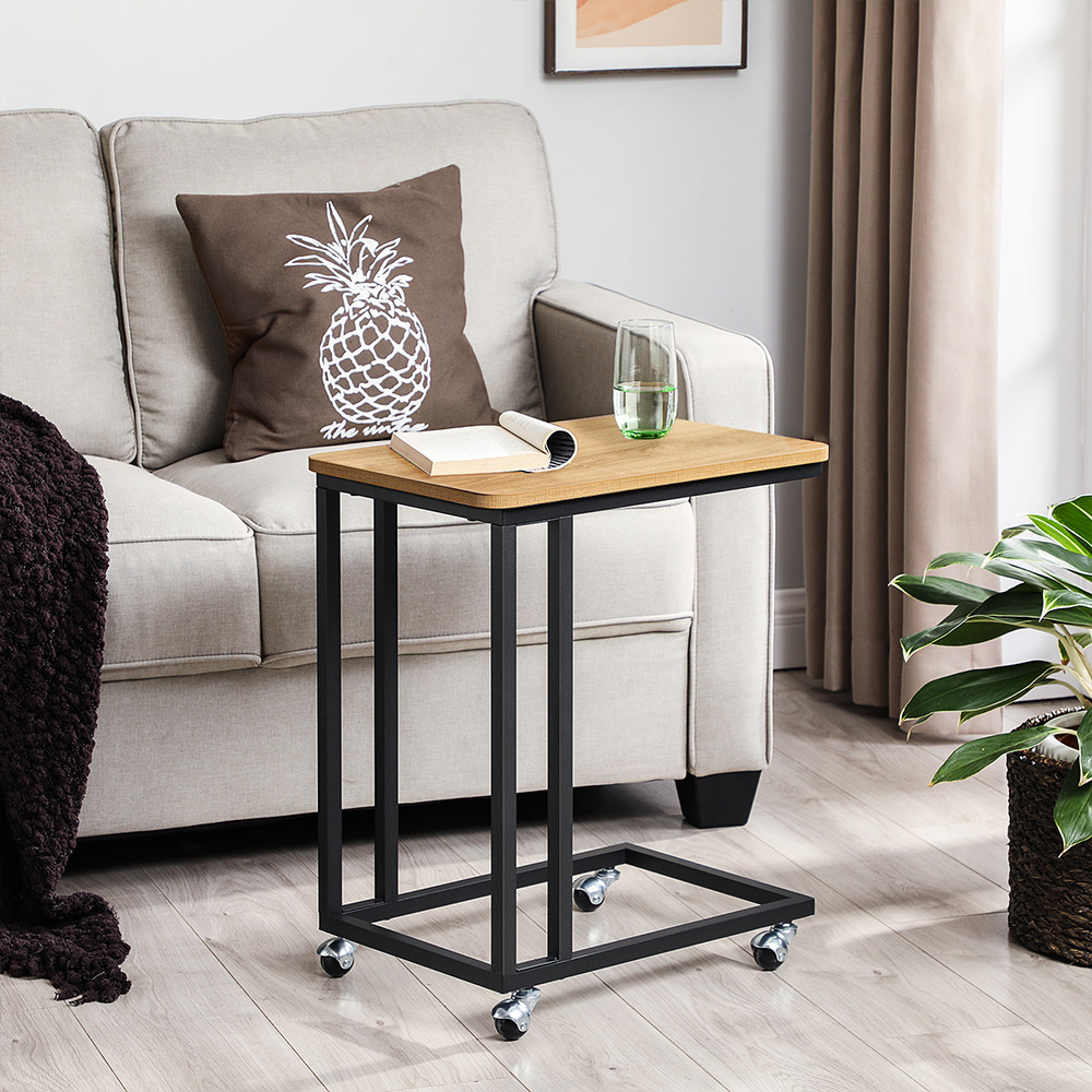 VASAGLE End Table, Side Table, C Shaped End Table with Metal Frame, Rolling Casters, Industrial