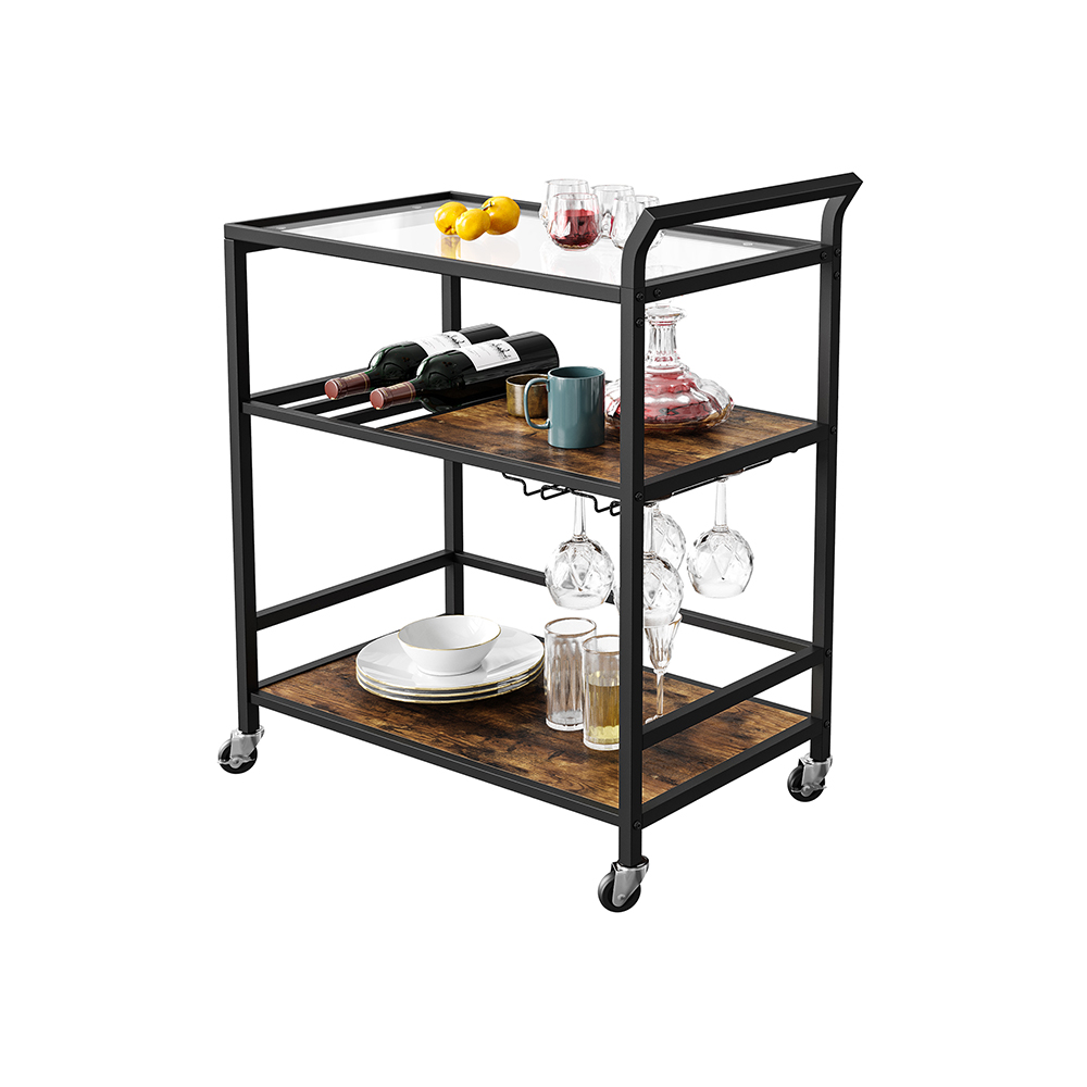 VASAGLE Bar Cart, Serving Cart on Wheels with Storage Shelf, Wine Glass
