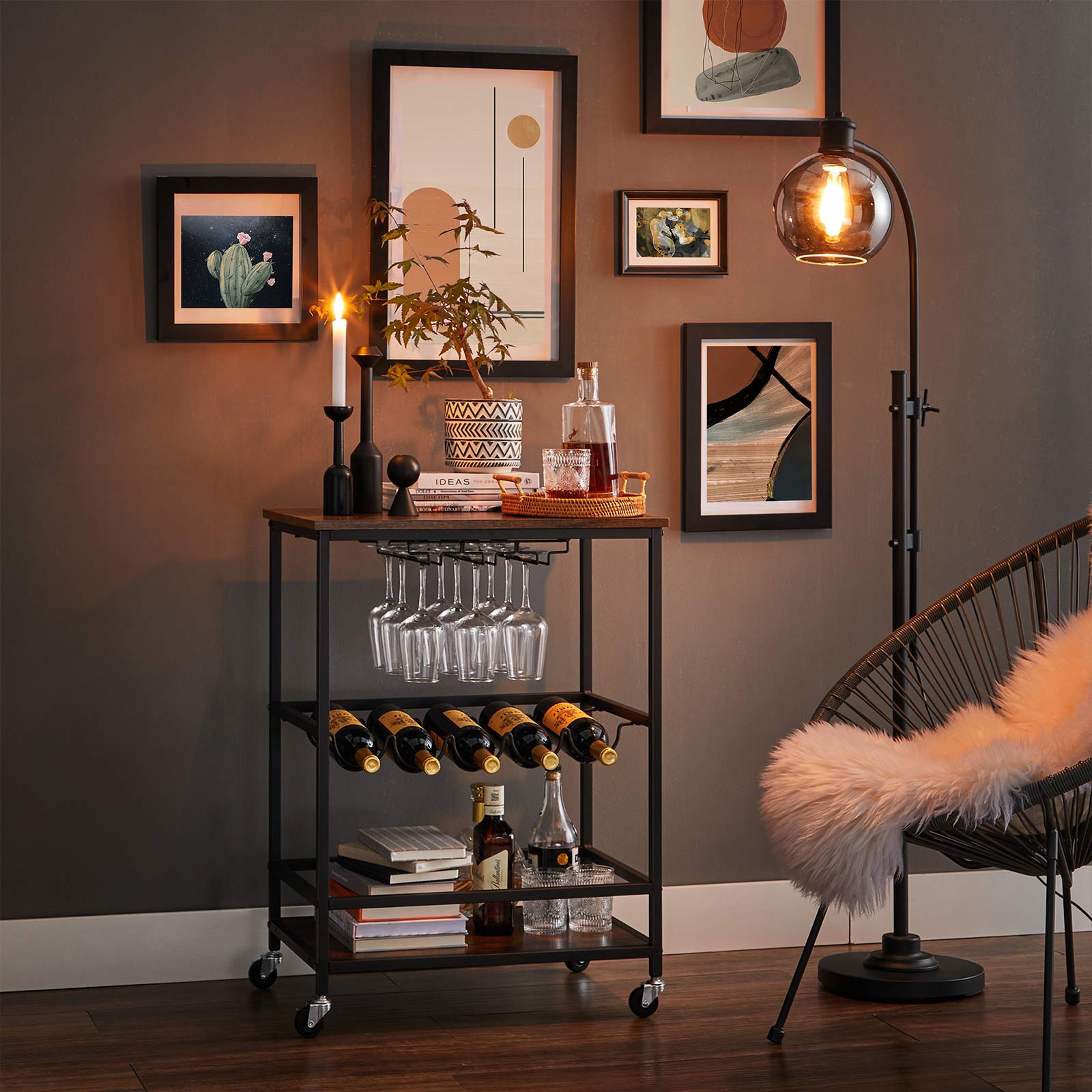 VASAGLE Bar Cart, Serving Cart with Wheels, Glass Stemware Rack and