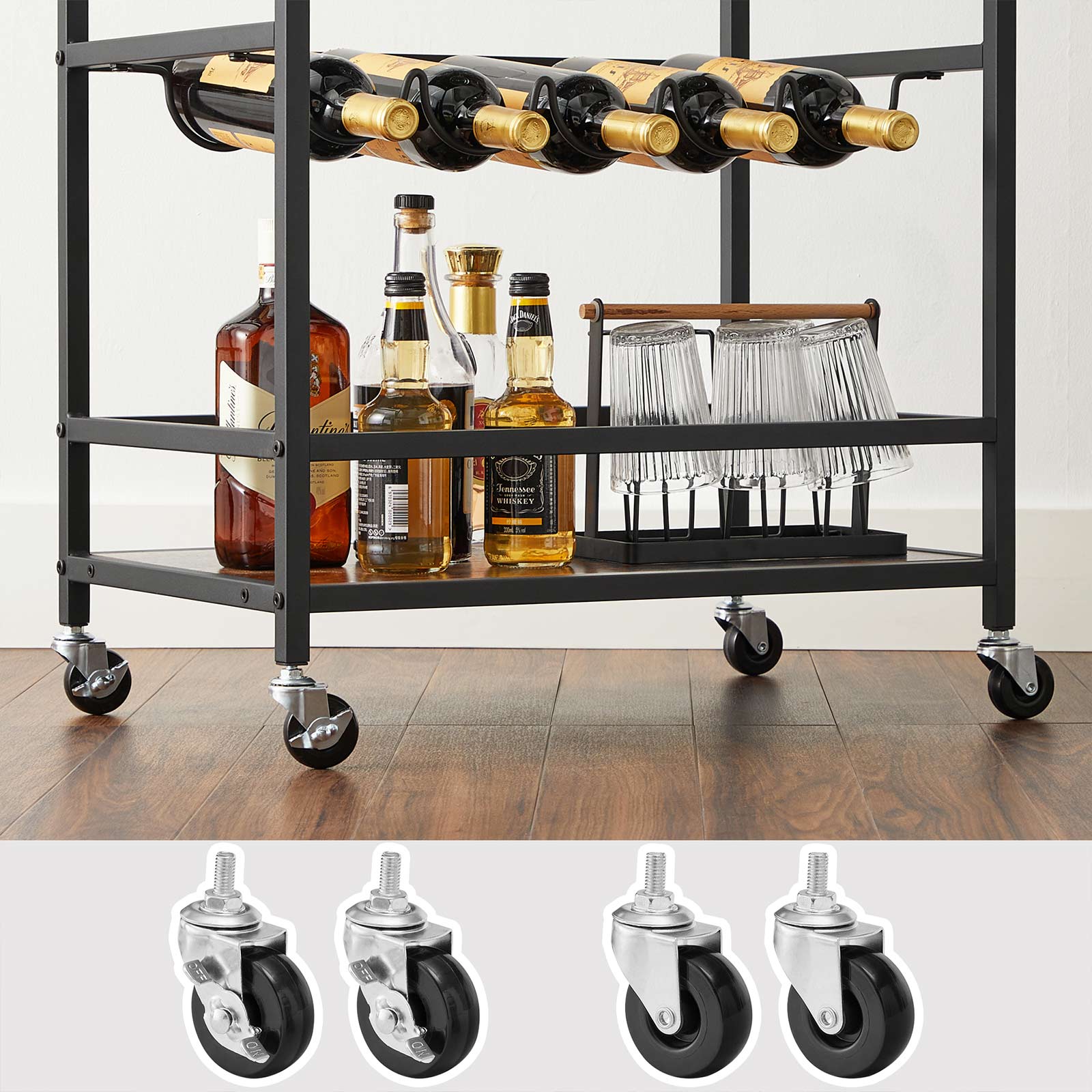 VASAGLE Bar Cart, Serving Cart with Wheels, Glass Stemware Rack and