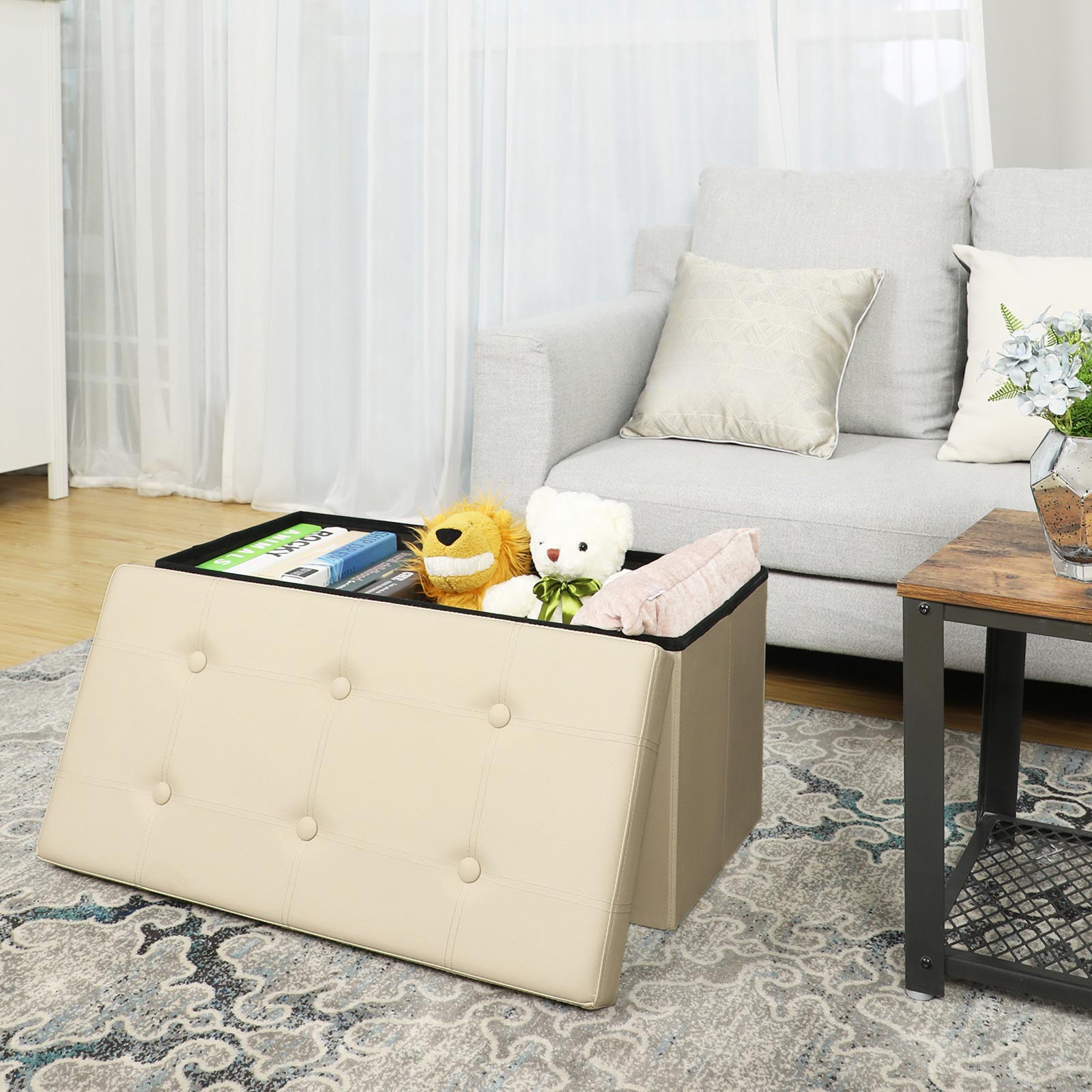Beige Faux Leather Ottoman