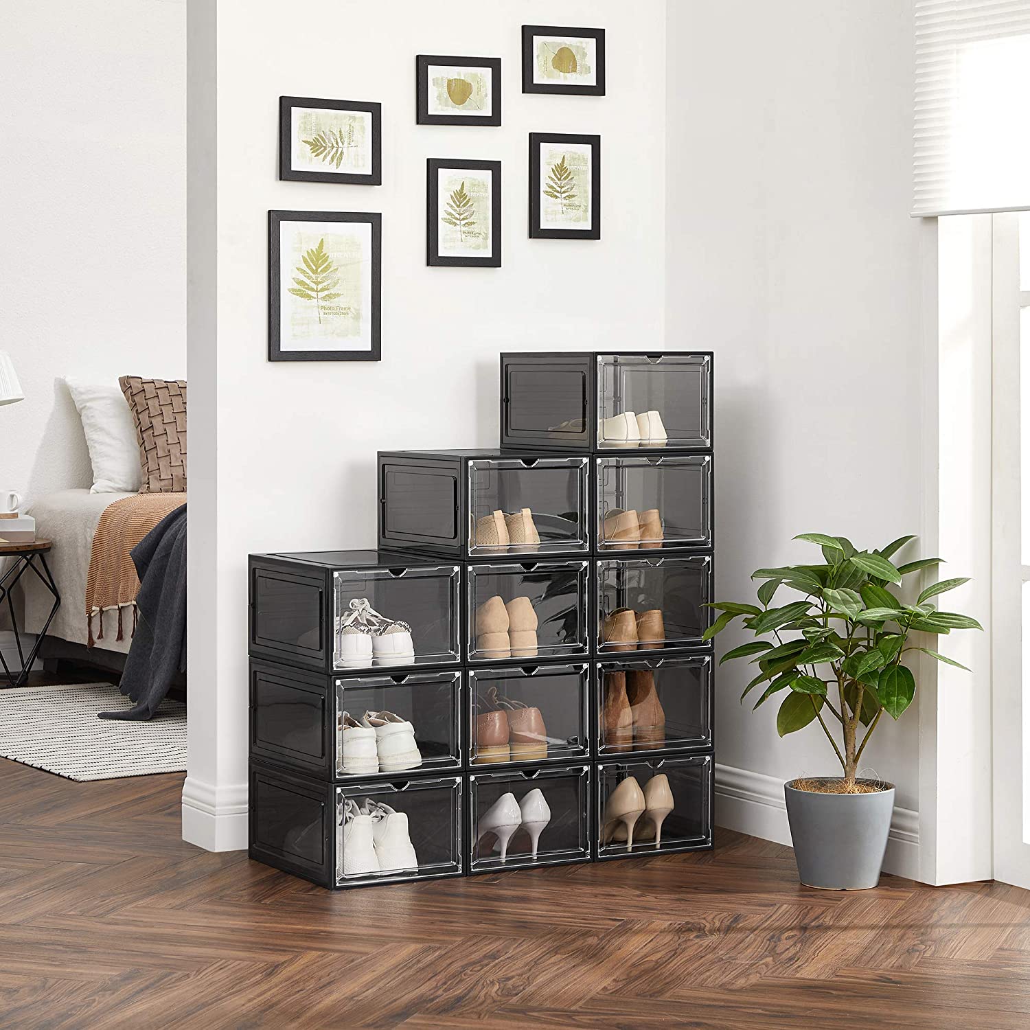 Set of 12 Black Shoe Boxes with Doors | Home Storage & Organization ...