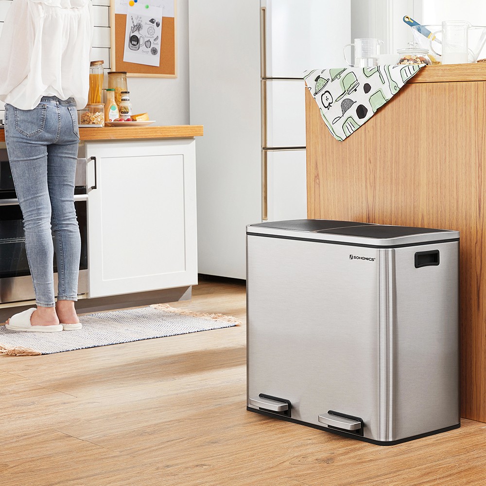 Silver Dual Trash Can with Lid for Sale Home Storage & Organization