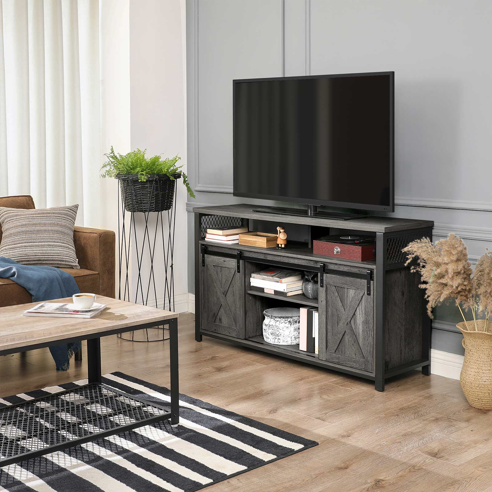 Black 55 Inch TV Stand with Barn Door Home Furniture VASAGLE by