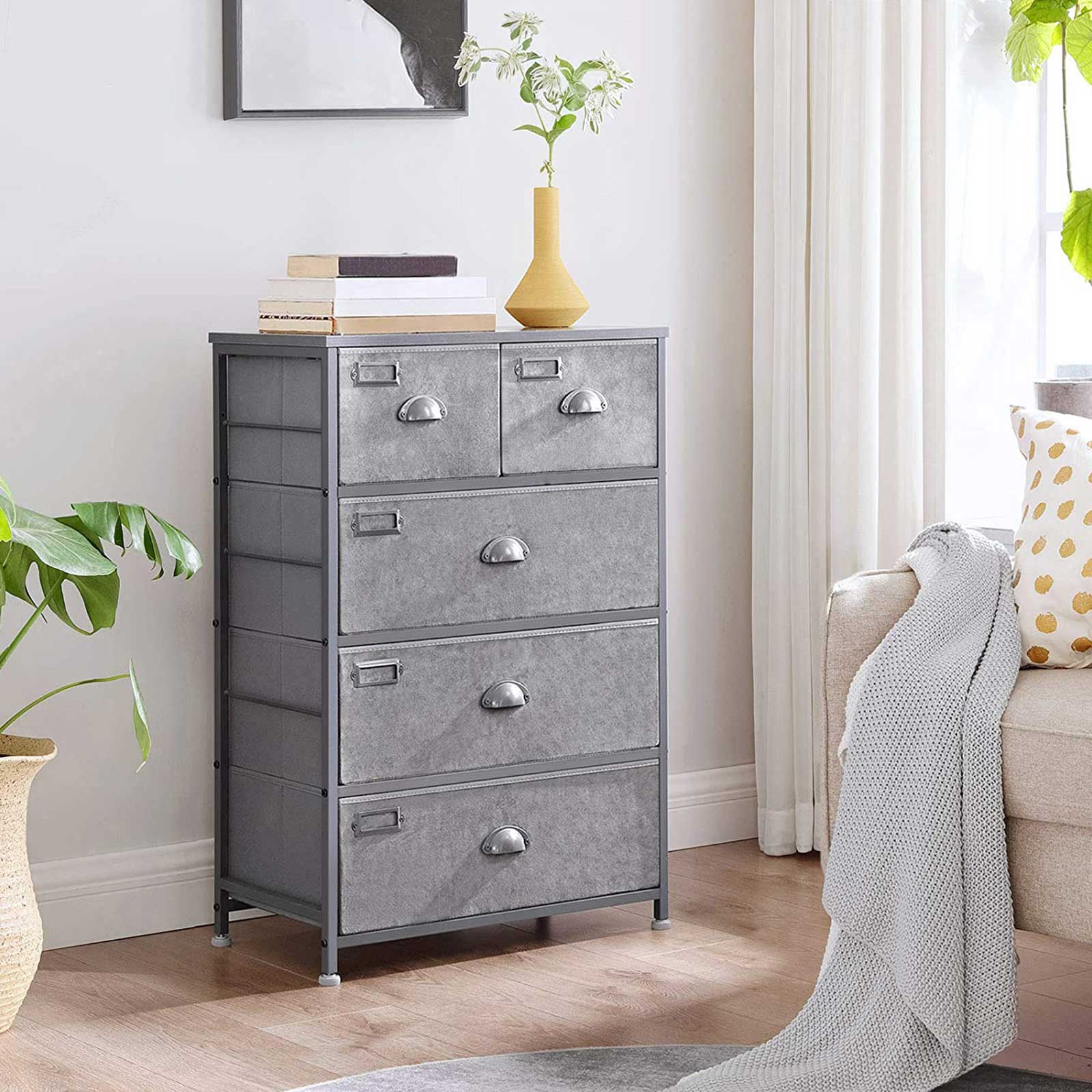 SONGMICS Fabric Drawer Dresser, 5Drawer Storage Dresser Tower, Wooden