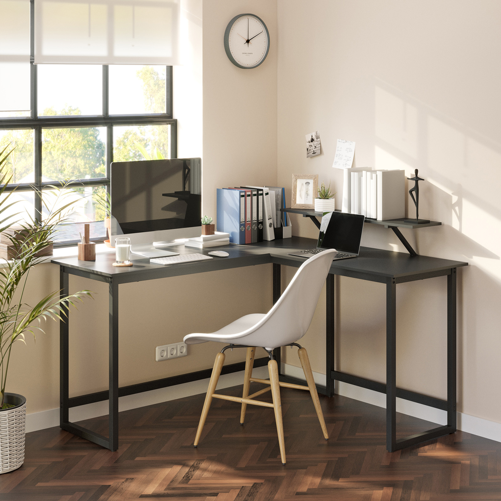 Black L-Shaped Writing Desk with Monitor Riser | Home Office | VASAGLE ...