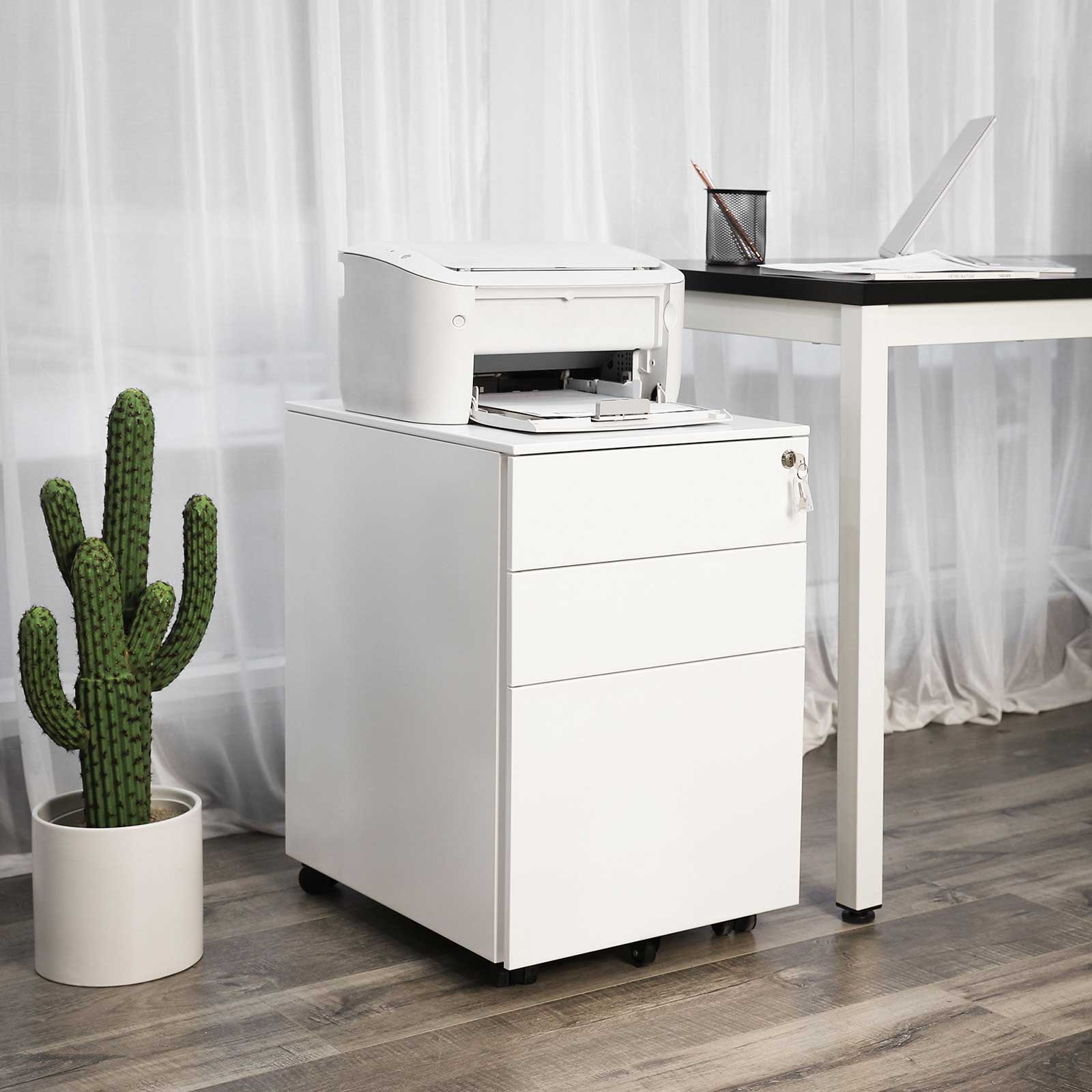 White Steel Mobile File with Lock Home Office SONGMICS