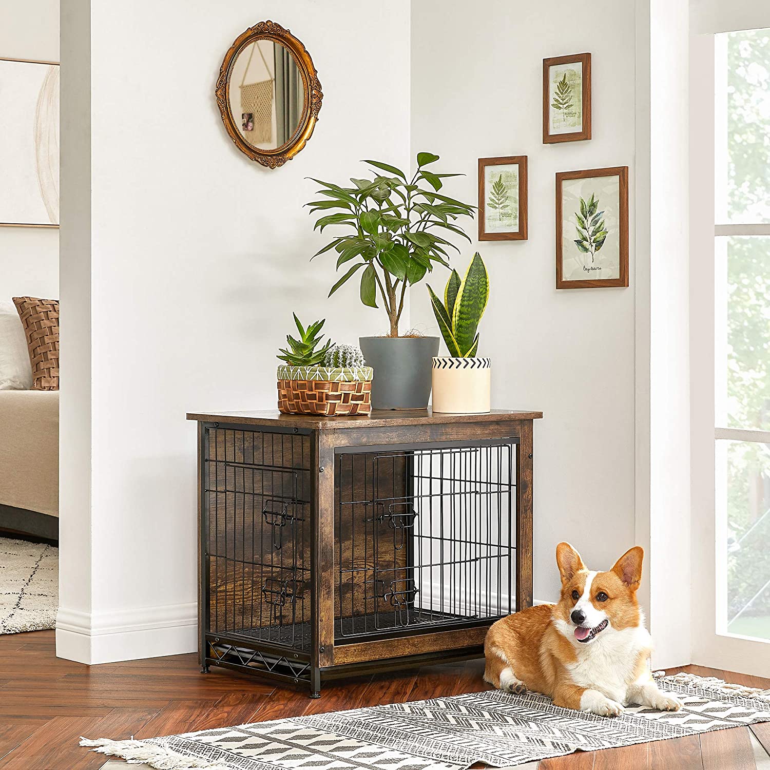 Brown & Black Wooden Dog Crate with Removable Tray | FEANDREA