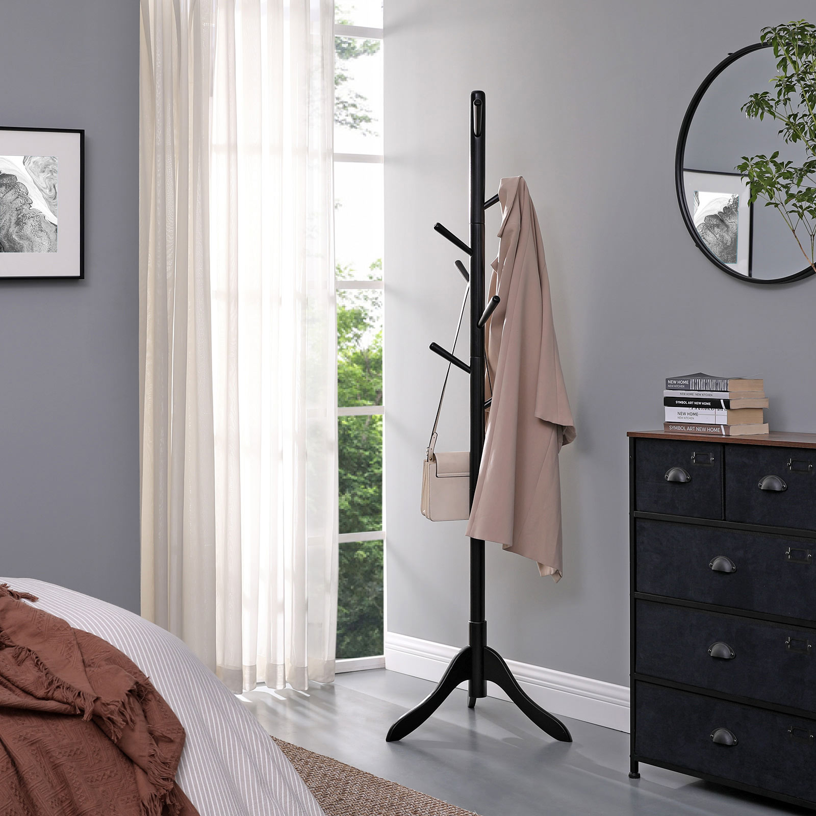 VASAGLE Coat Rack Free Standing, Solid Wood Coat Stand, Hall Coat Tree