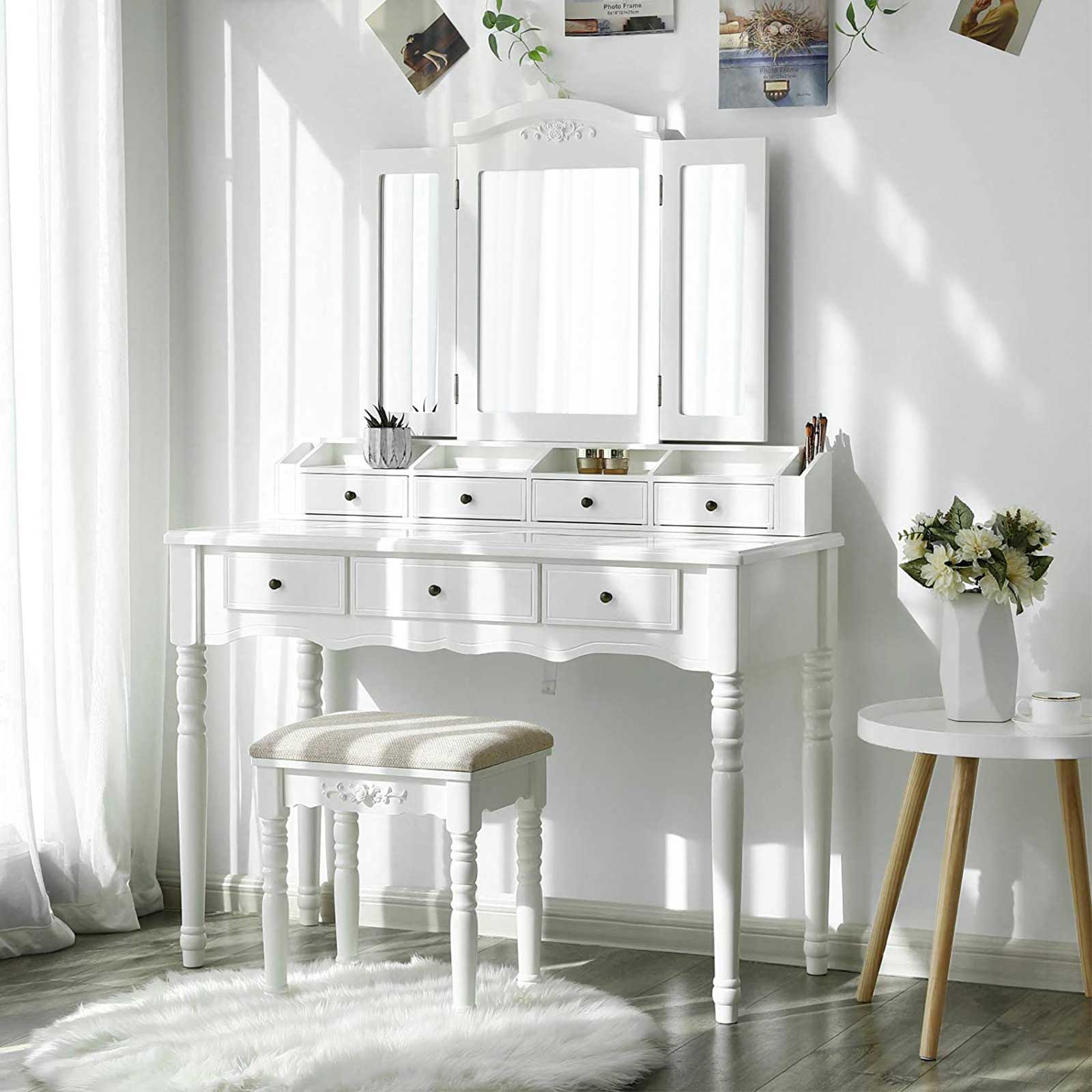 White Makeup Vanity Set with Folded Mirror | Home Furniture | VASAGLE ...