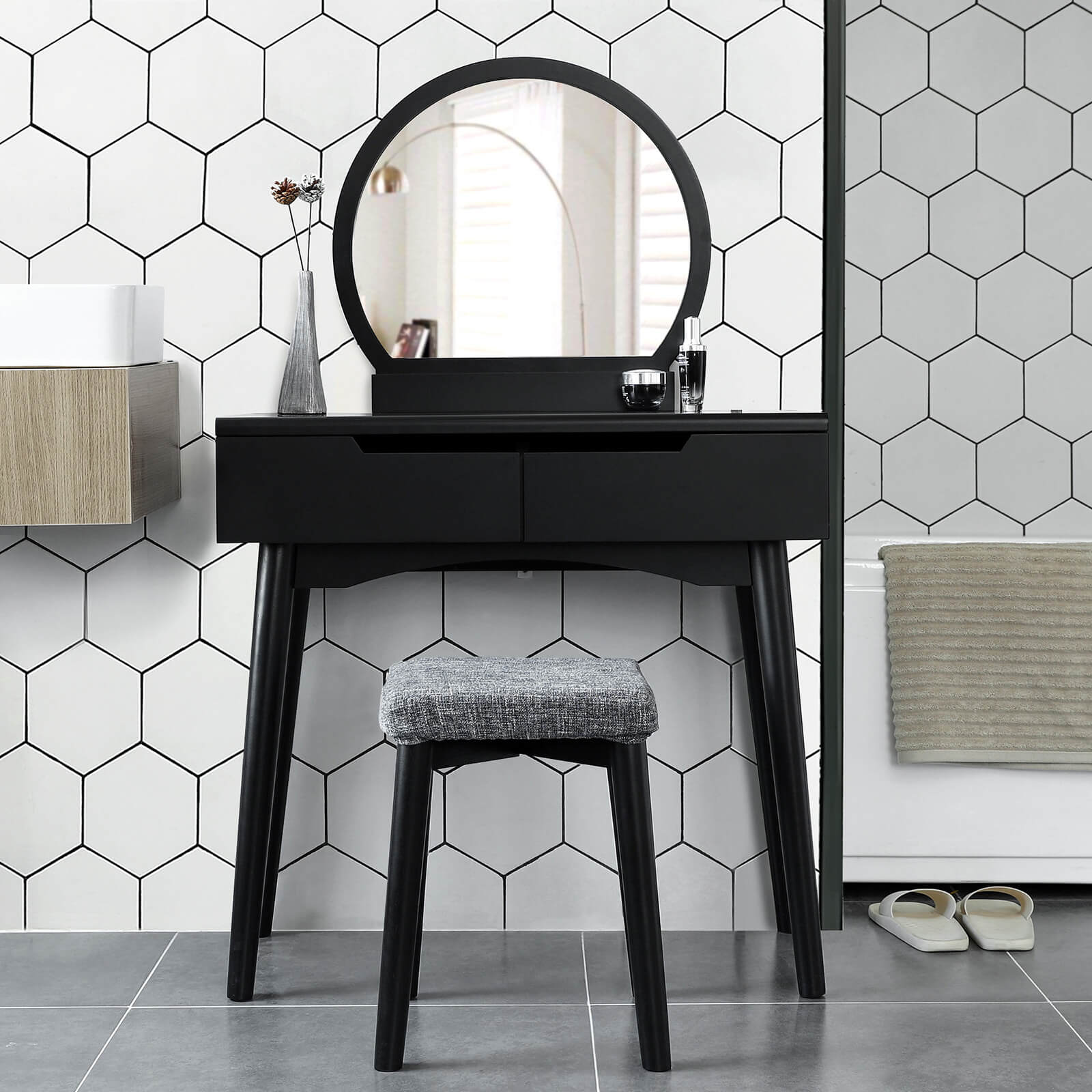 Black Makeup Vanity Table with Stool Home Furniture VASAGLE by SONGMICS