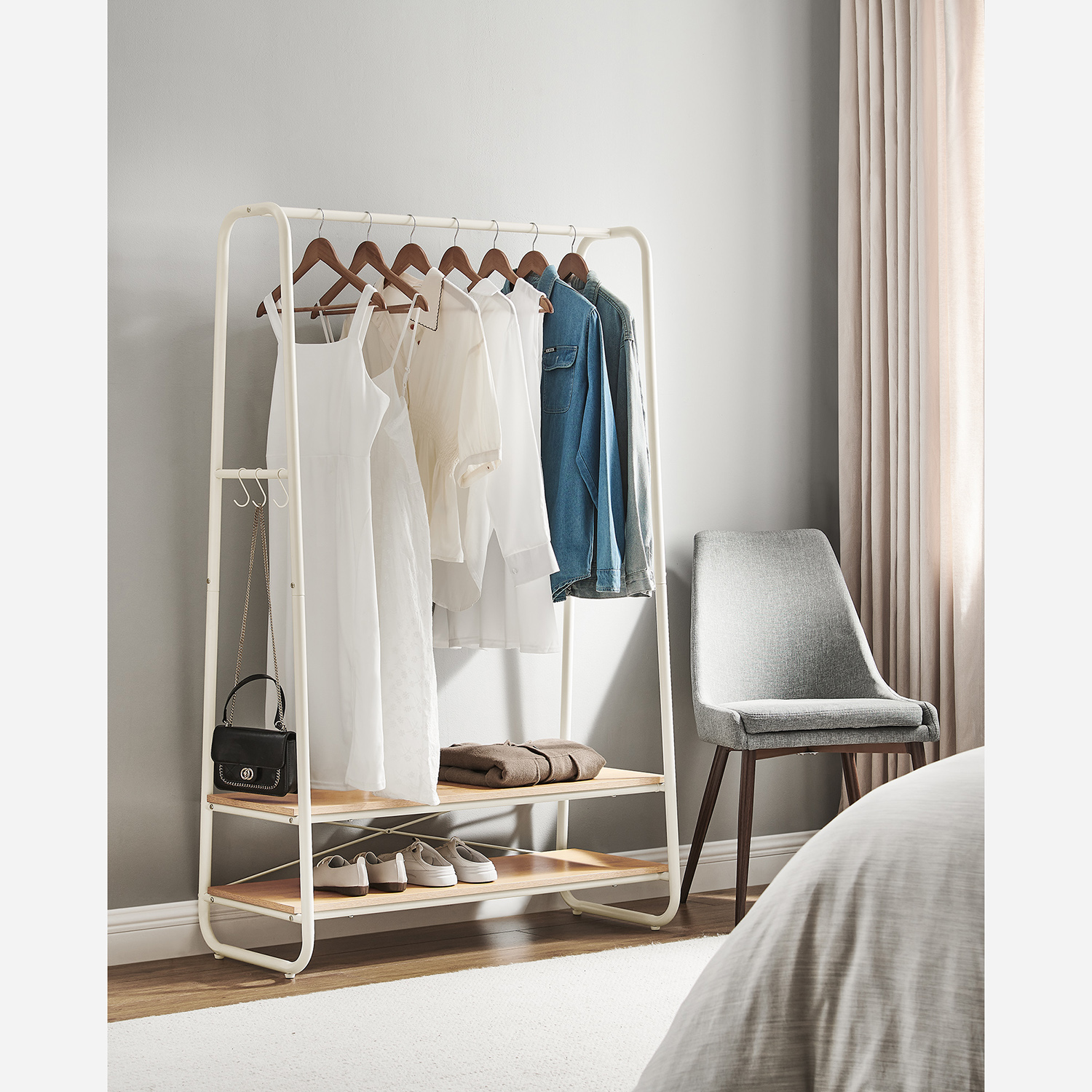 Oak and Cream White Clothes Rack with 2 Shelves VASAGLE