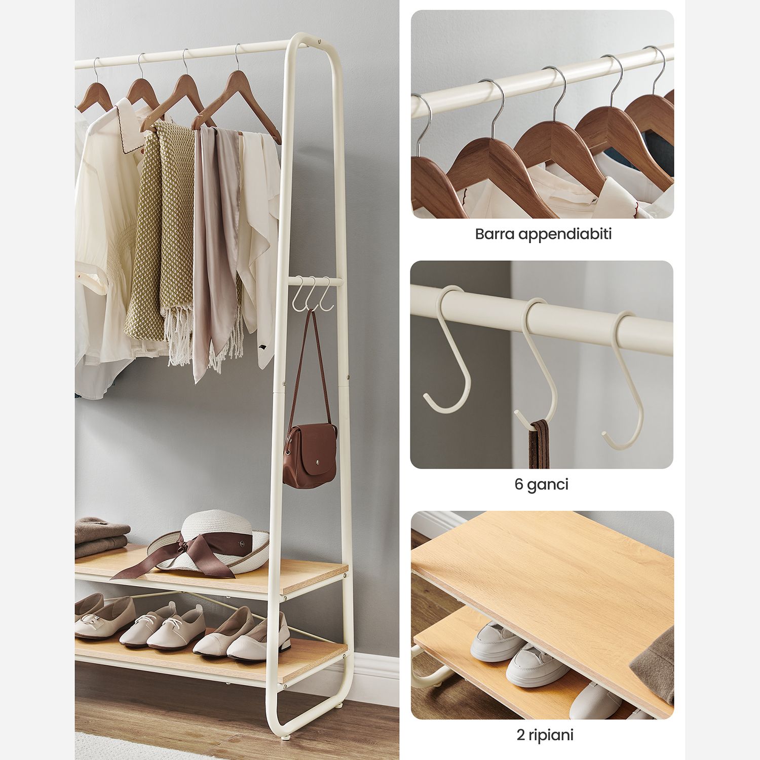 Oak and Cream White Clothes Rack with 2 Shelves VASAGLE