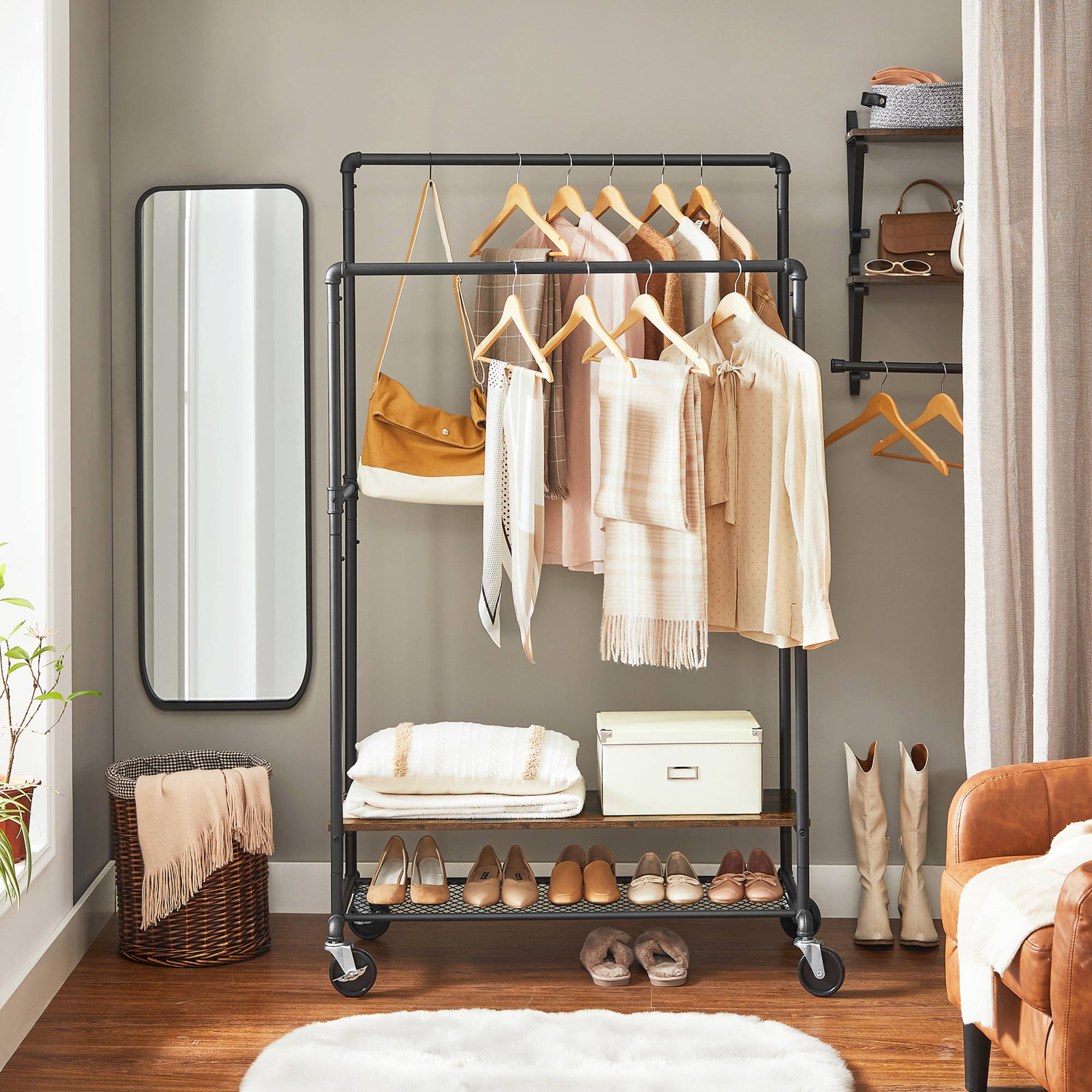Mobile Garment Rack with 2 Rails Home Storage & Organization