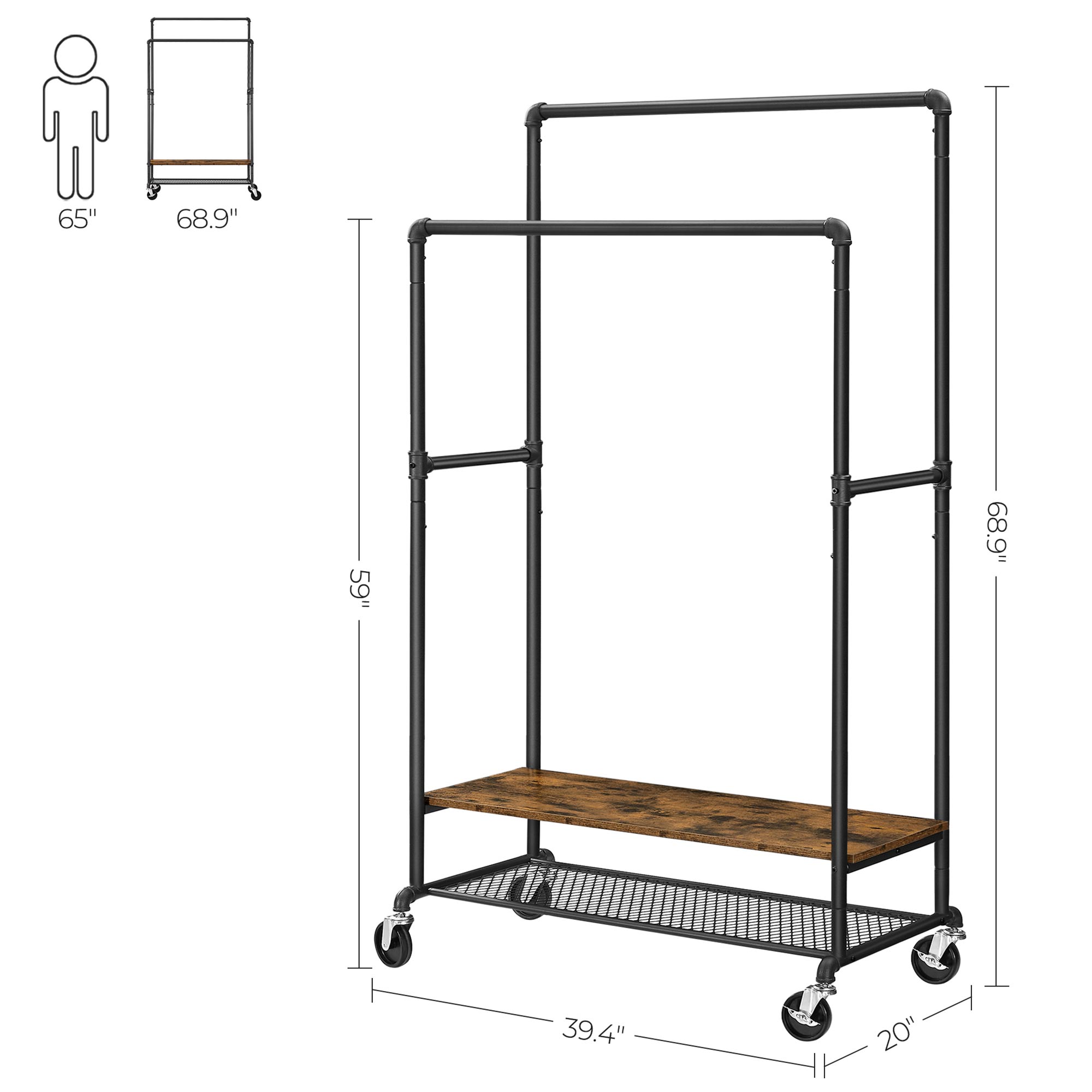 Mobile Garment Rack with 2 Rails Home Storage & Organization