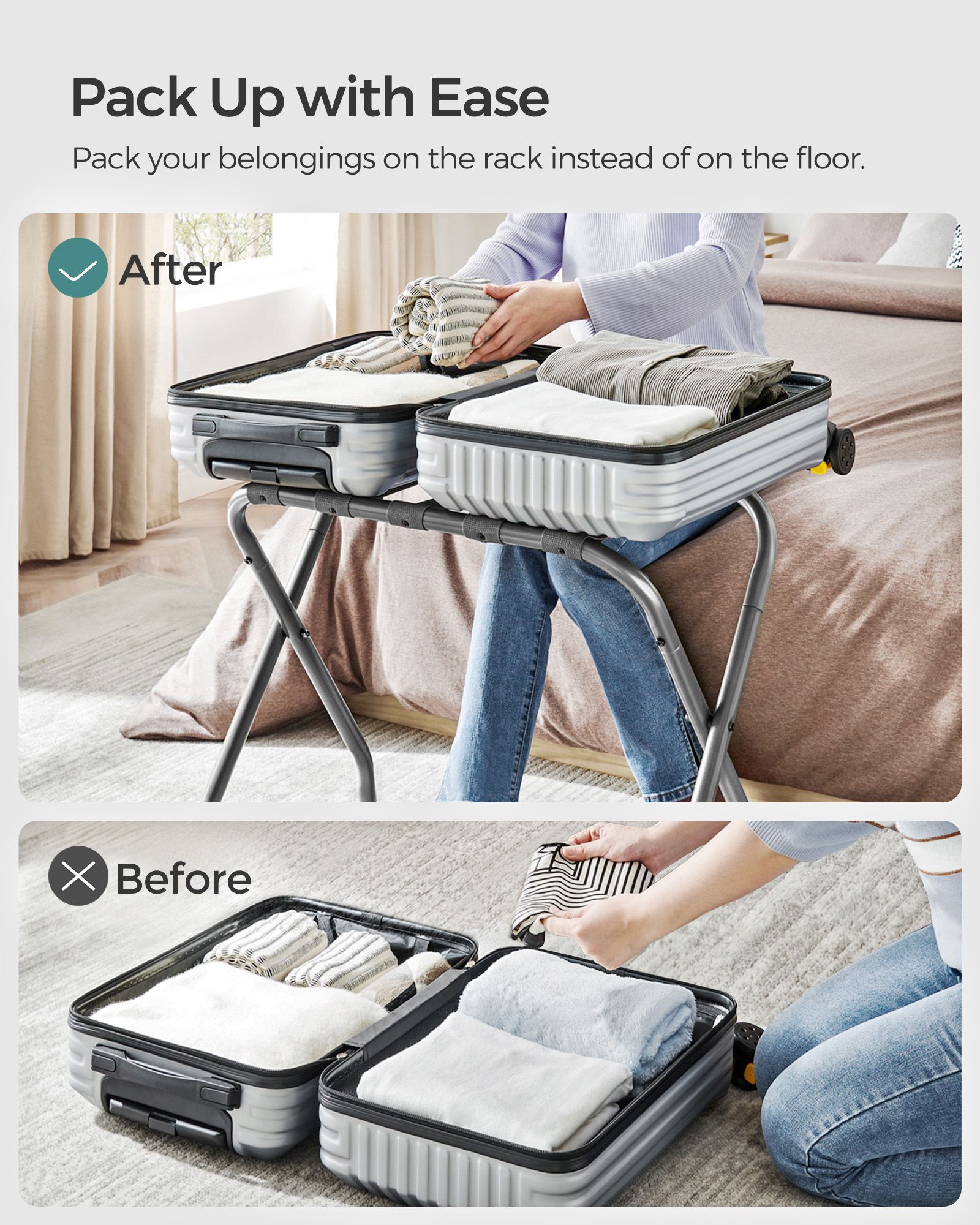 Gray Metal Folding Luggage Rack SONGMICS