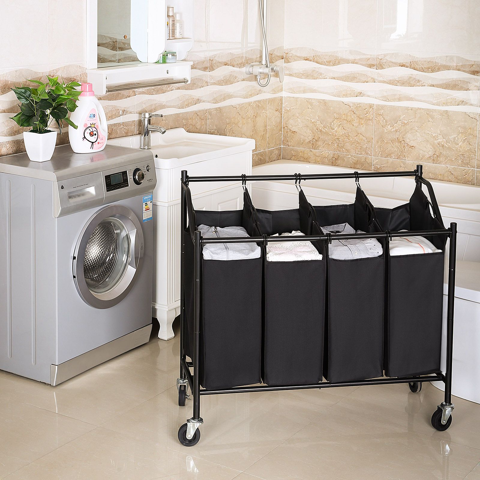 Black Laundry Cart with 4 Sorter Bags | Home Storage & Organization ...