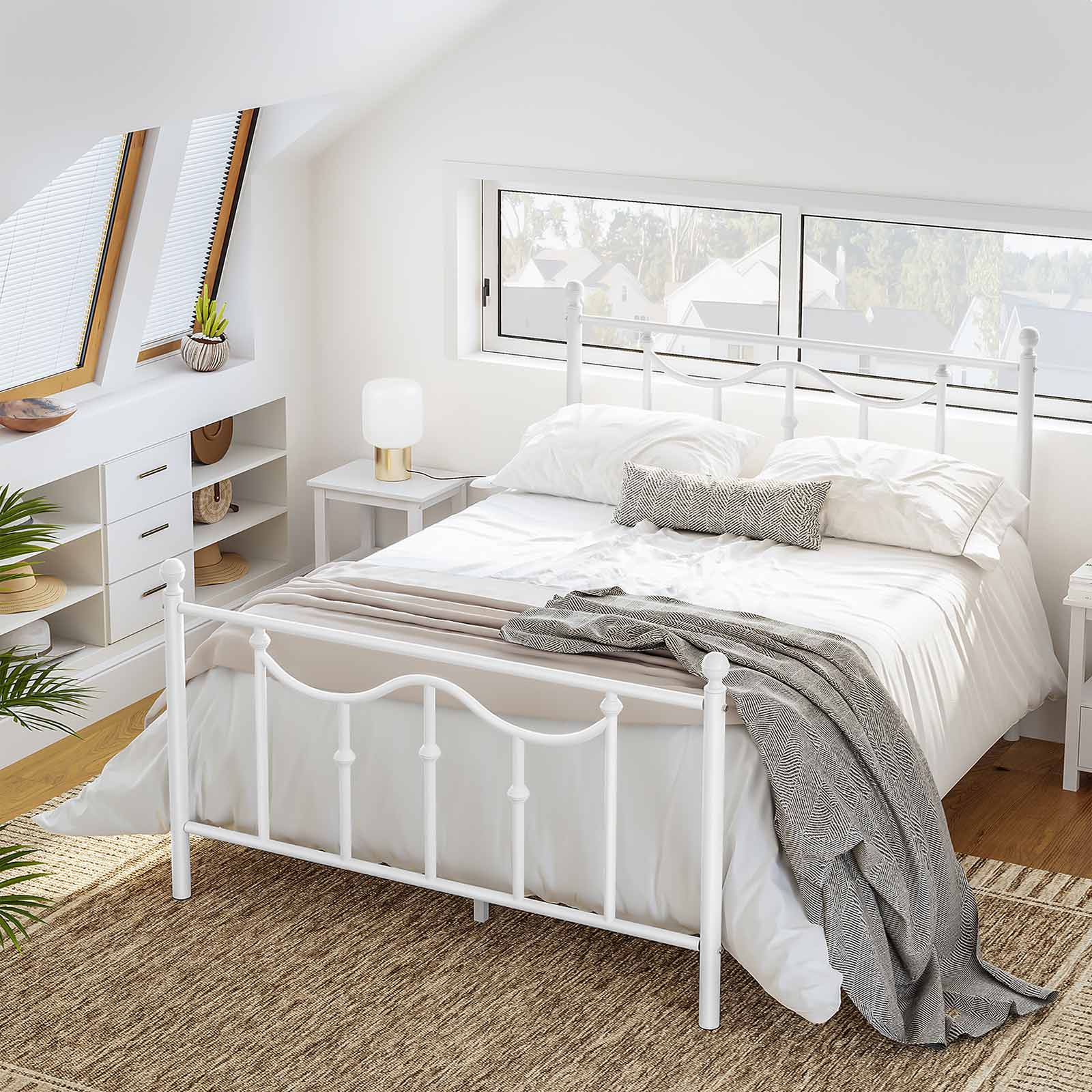 White Vintage Queen Size Metal Bed Frame Home Furniture VASAGLE by