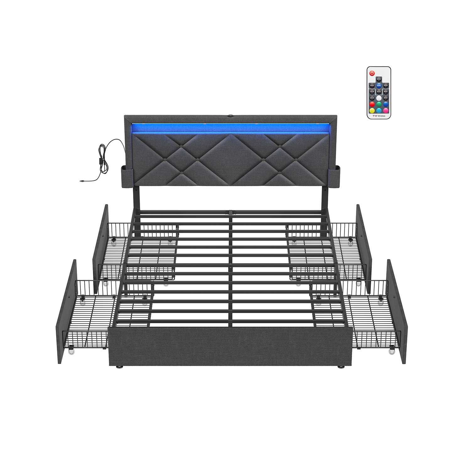 LED Bed Frame Queen Size with Headboard and 4 Drawers VASAGLE