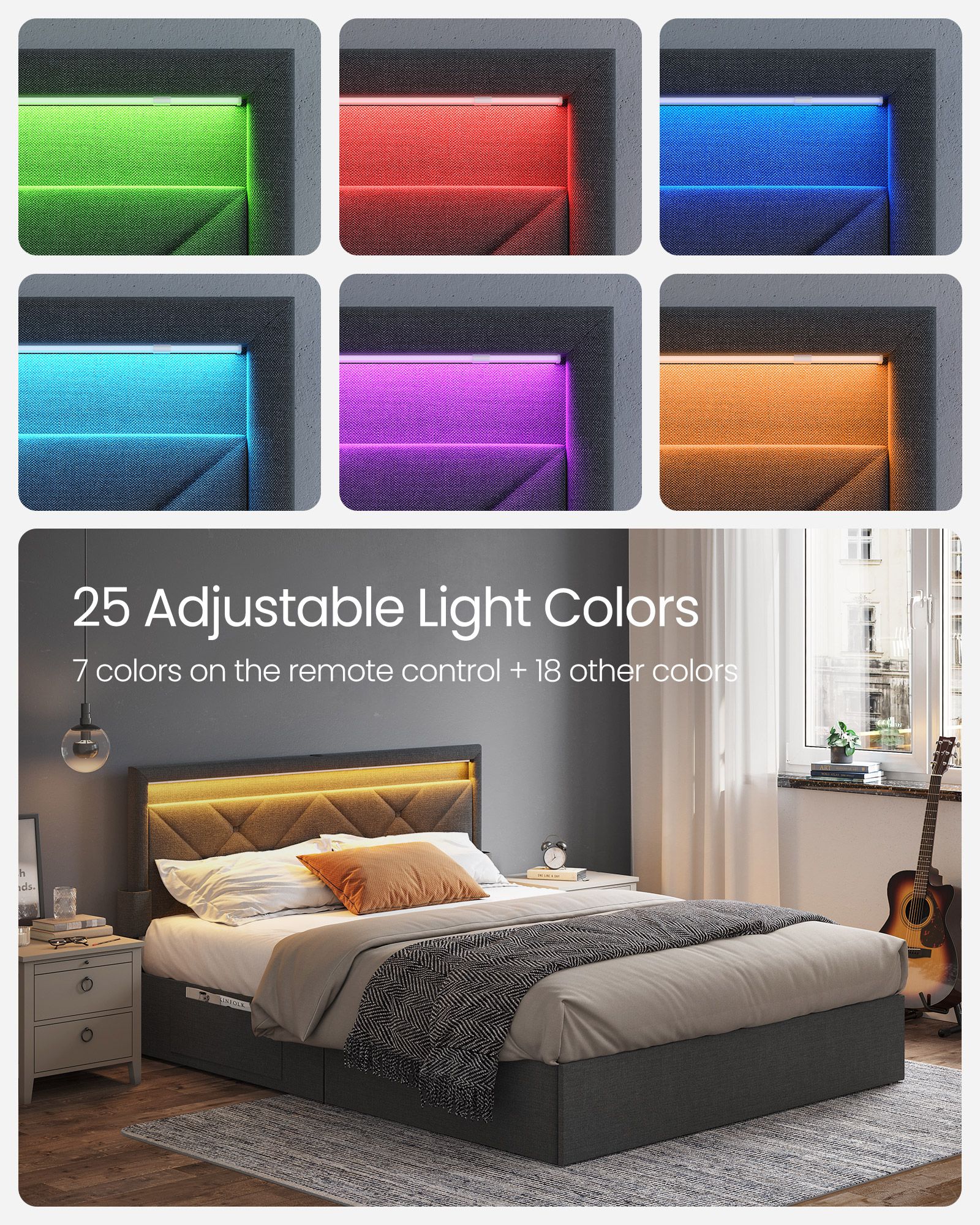 LED Bed Frame Queen Size with Headboard and 4 Drawers VASAGLE