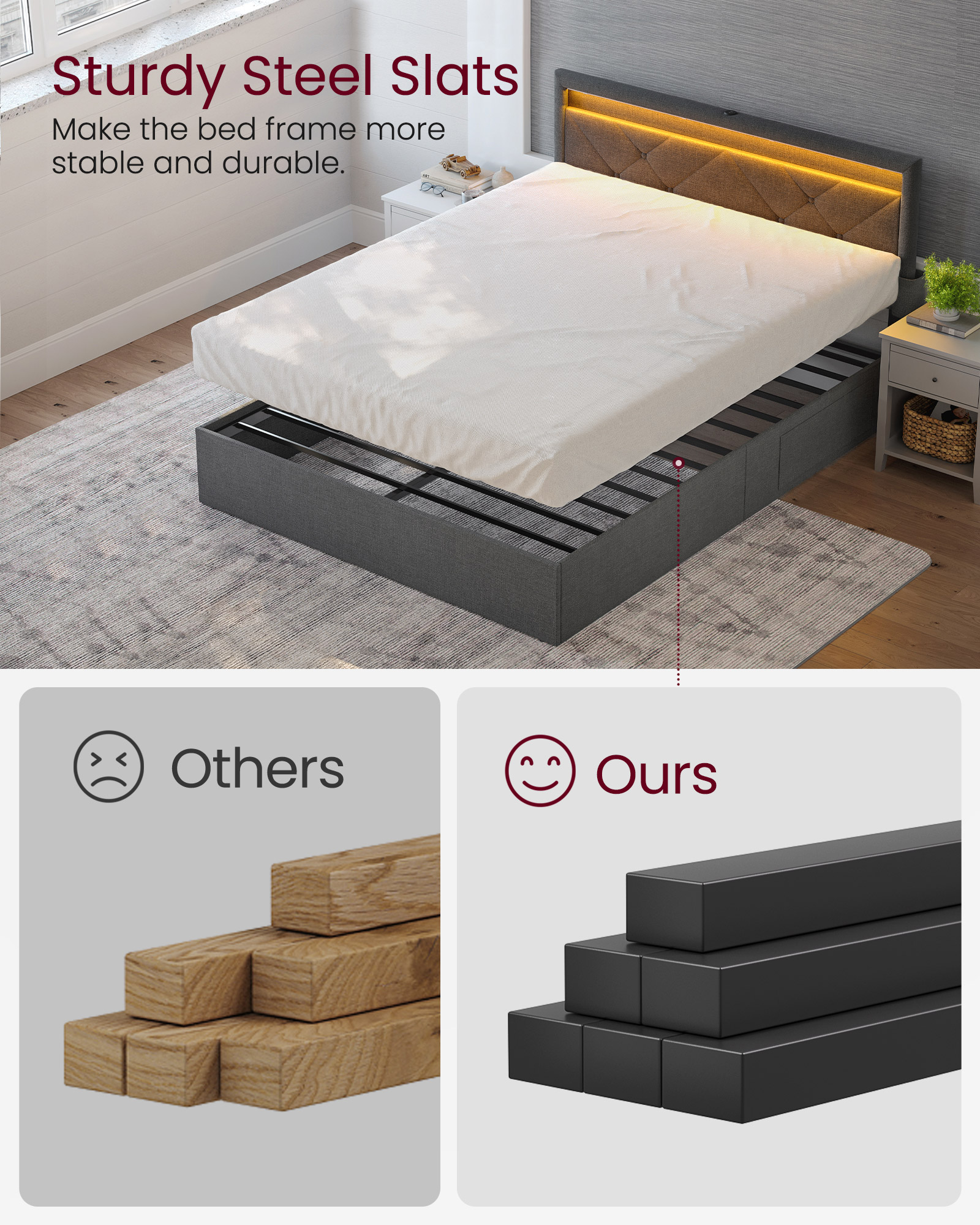 LED Bed Frame Queen Size with Headboard and 4 Drawers VASAGLE