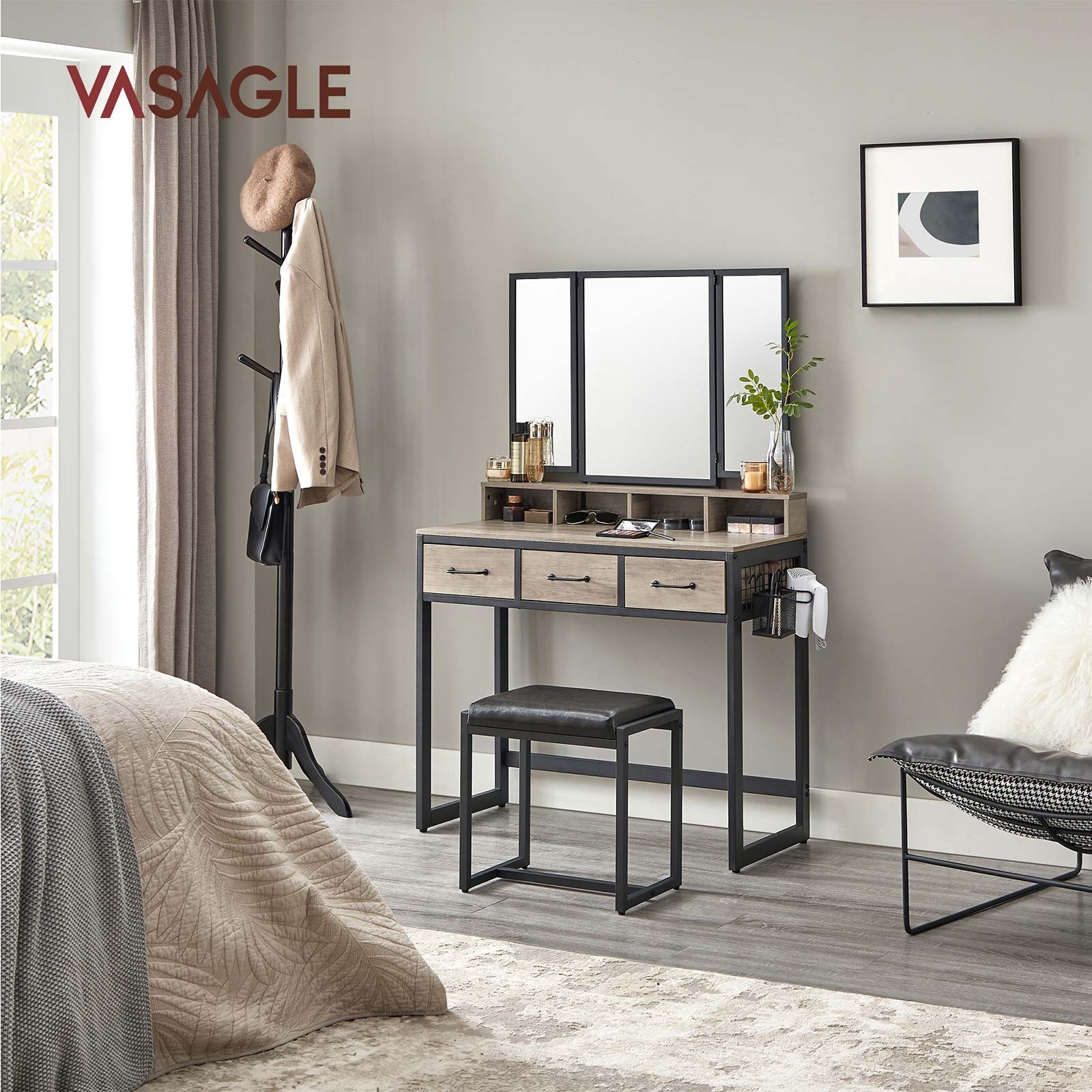 Gray Makeup Table with TriFold Mirror Home Furniture VASAGLE by