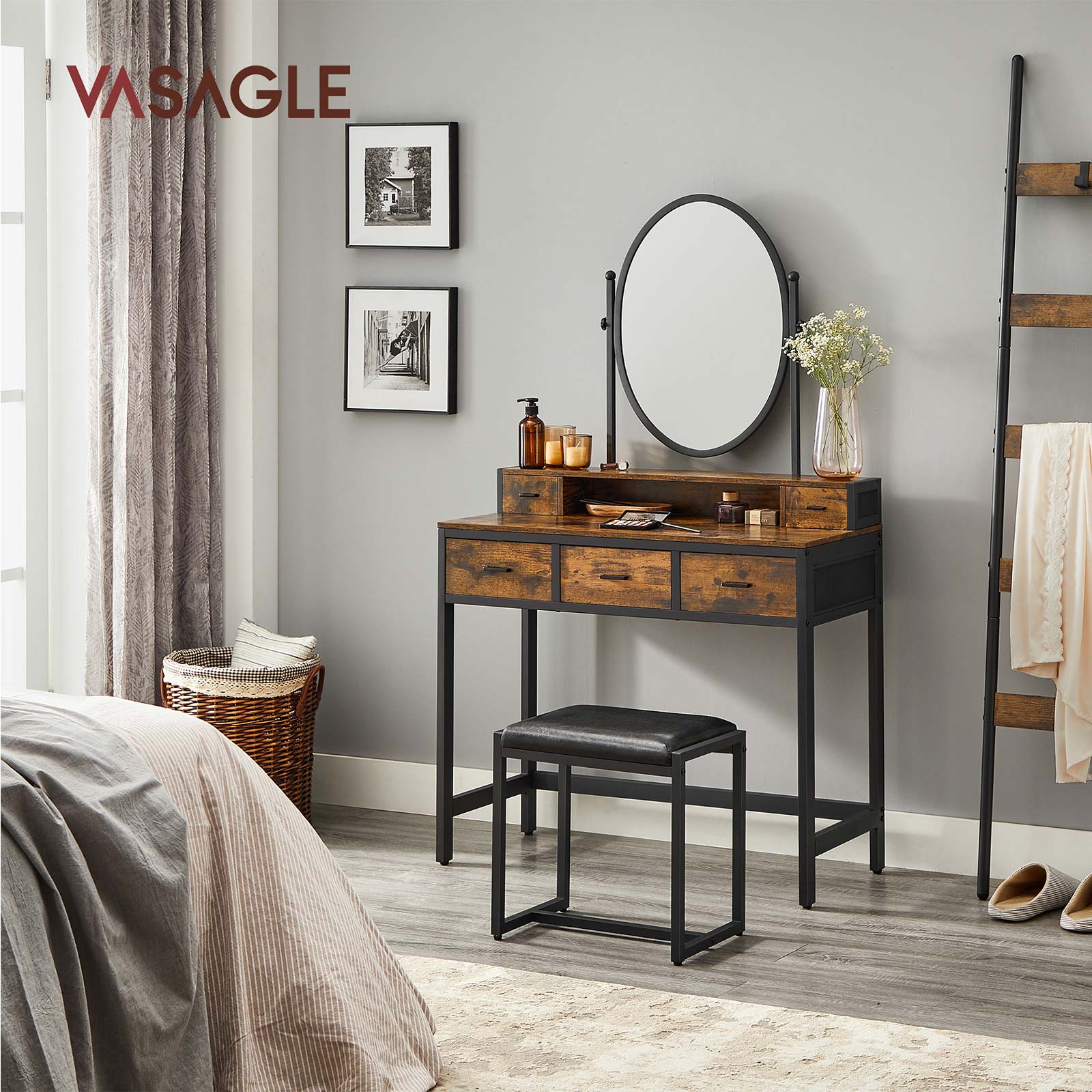 Industrial Makeup Vanity with Oval Mirror Home Furniture VASAGLE by