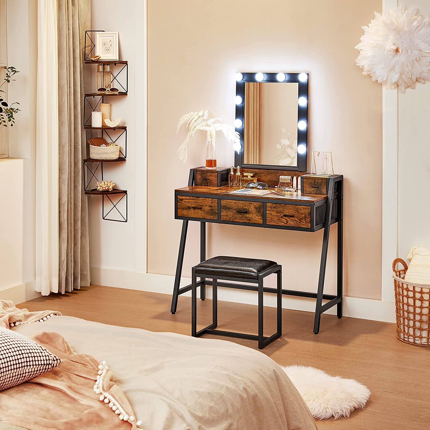 Industrial Makeup Table with LED Lights Home Furniture VASAGLE by